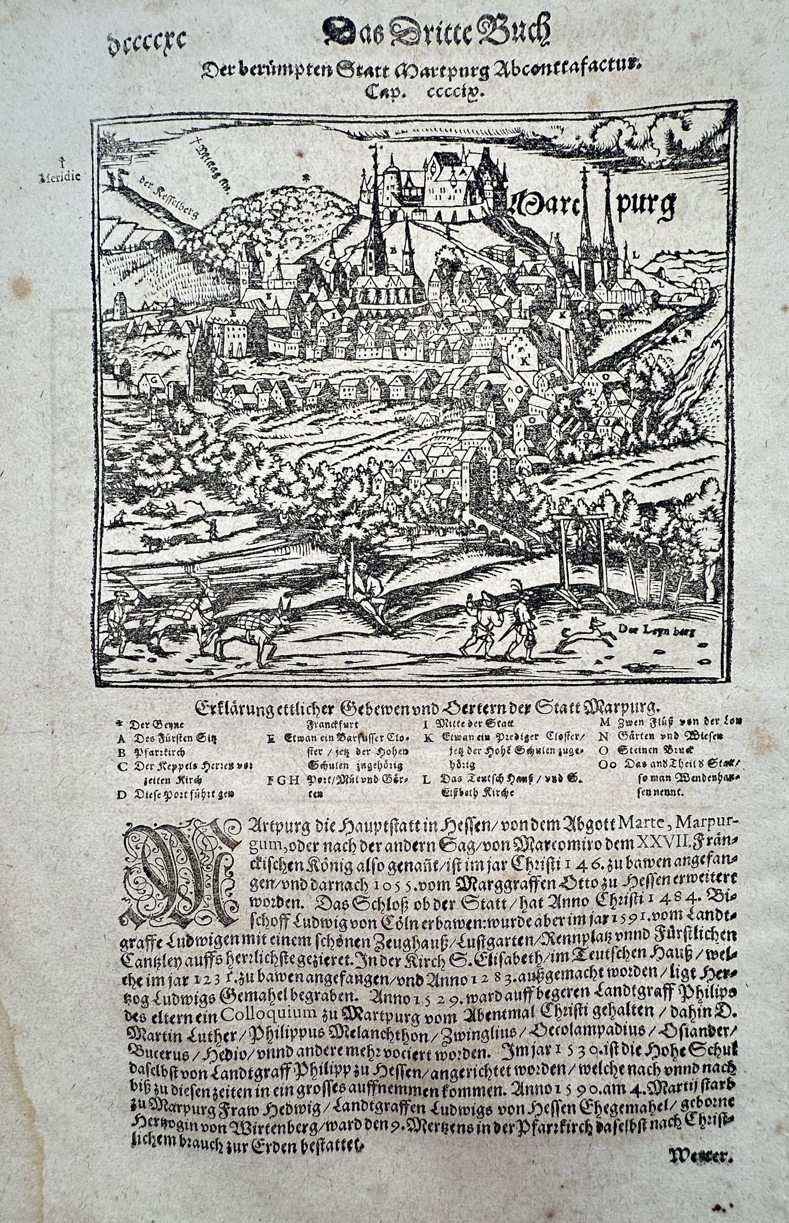 Sebastian Munster (1488-1552) – Map of Marburg – Germany – Woodcut (1550): "Der berumpteu Statt Marpurg Abcontrafactur." This woodcut provides a panoramic bird's-eye view of the city of Marburg, prominently featuring the Marburg Castle overlooking the Lahn River and the town