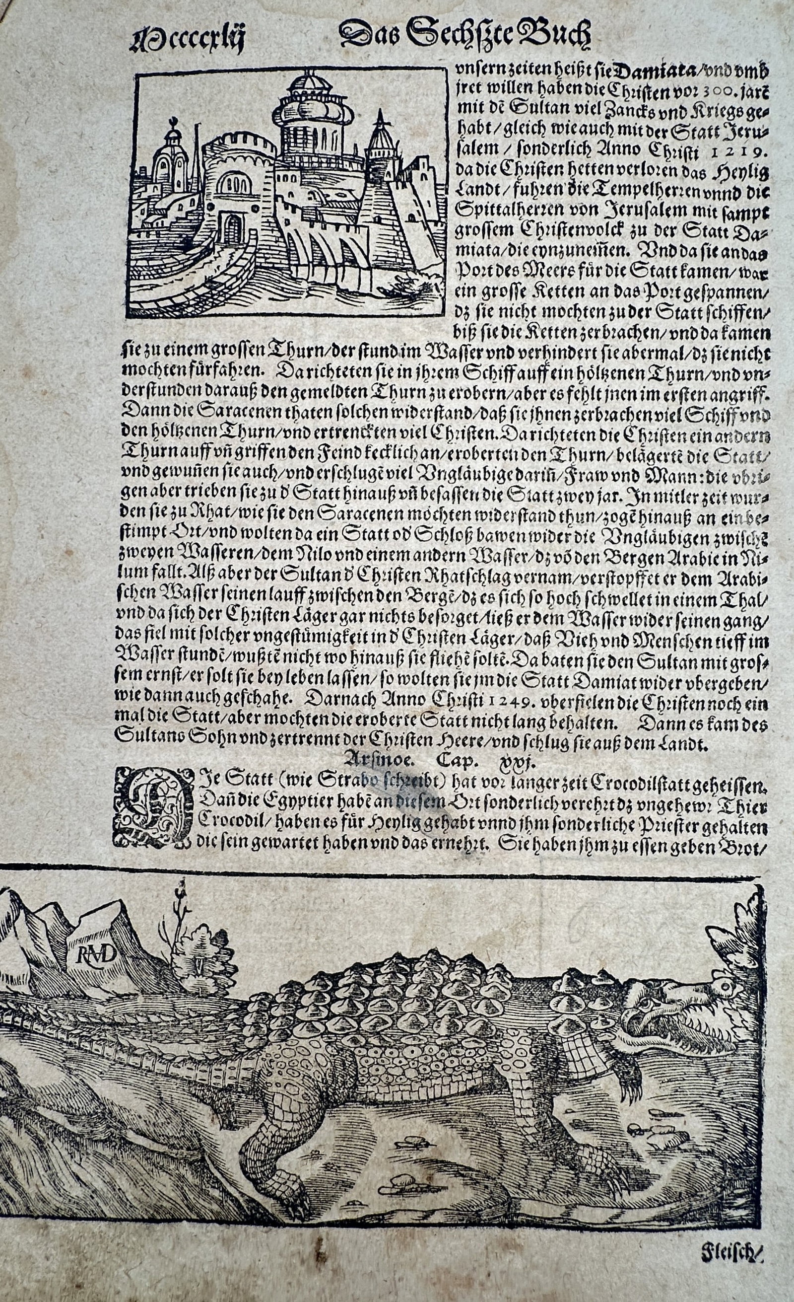 Sebastian Munster (1488-1552) – View of Damietta and a Crocodile – Egypt – Woodcut (1550) (1 of 2)