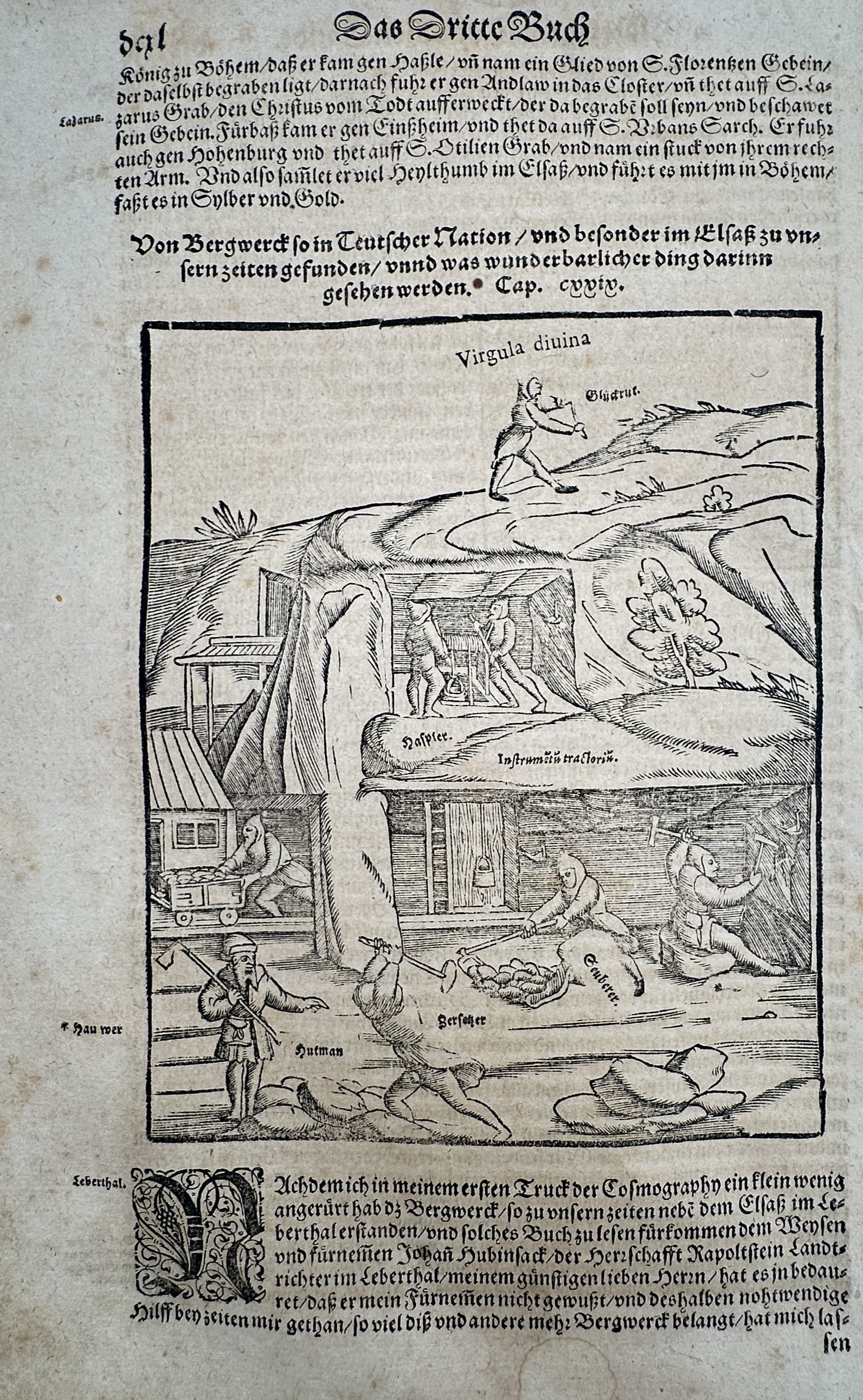 Sebastian Munster (1488-1552) – View of Mining Operations – Germany – Woodcut (1550): "Von Bergwerck so in Teutscher Nation." This woodcut depicts various aspects of early Renaissance mining, including a figure using a dowsing rod (Virgula diuina) on the surface and miners working in s