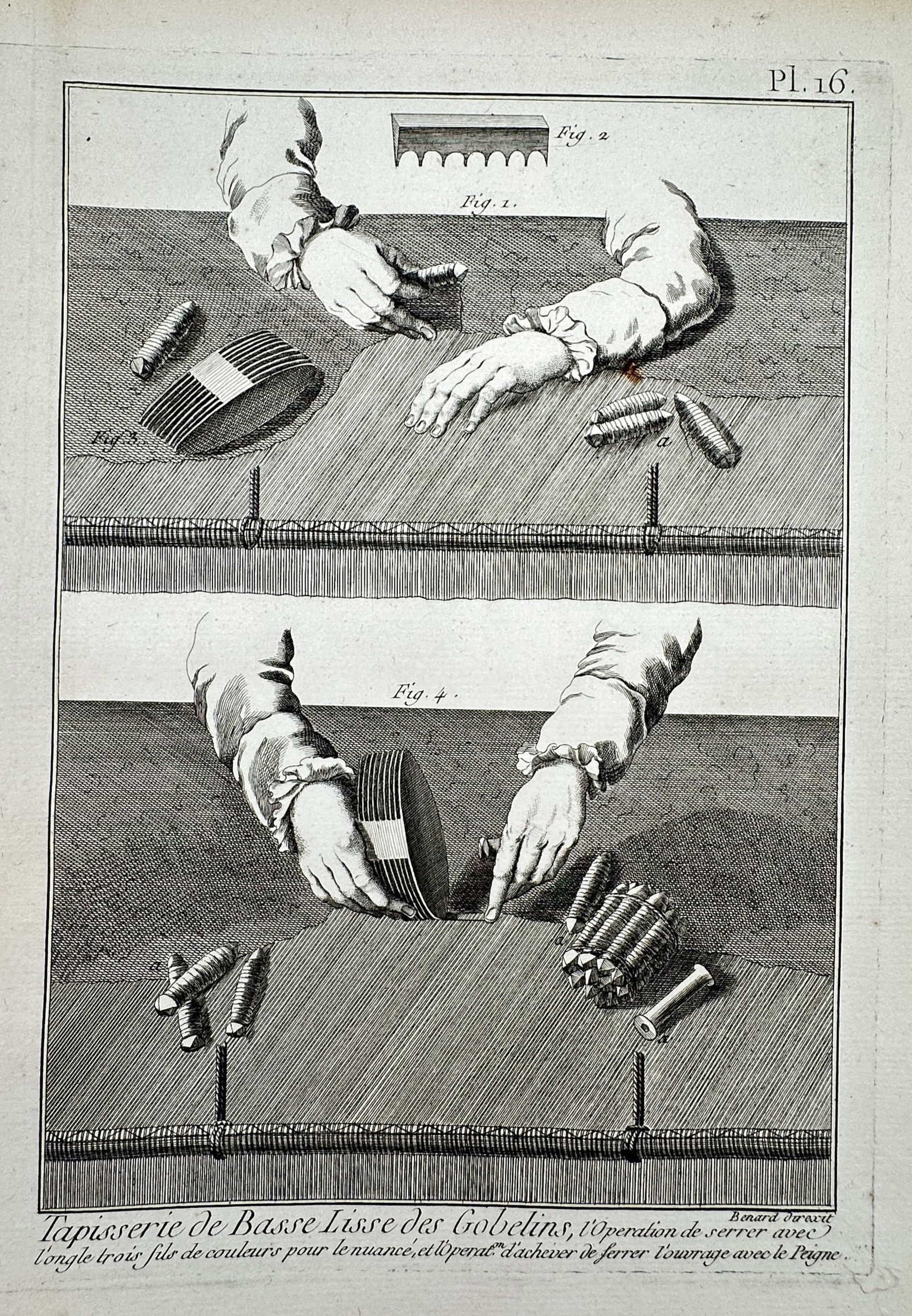 Robert Benard (1734-1777) – View of Gobelins Tapestry Weaving – Engraving (1771): "Tapisserie de Basse Lisse des Gobelins." This copperplate engraving illustrates the technical process of low-warp tapestry weaving at the famous Gobelins Manufactory in Paris, showing the weaver's ha