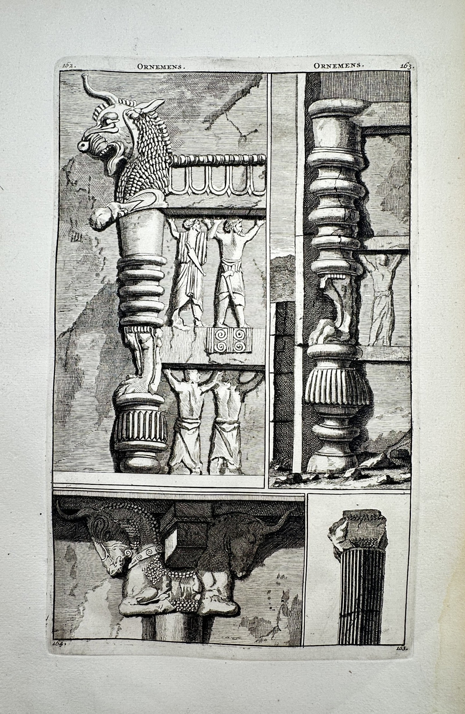Cornelis de Bruyn (1652–1726) – View of Architectural Ornaments from Persepolis – Engraving (1 of 2)