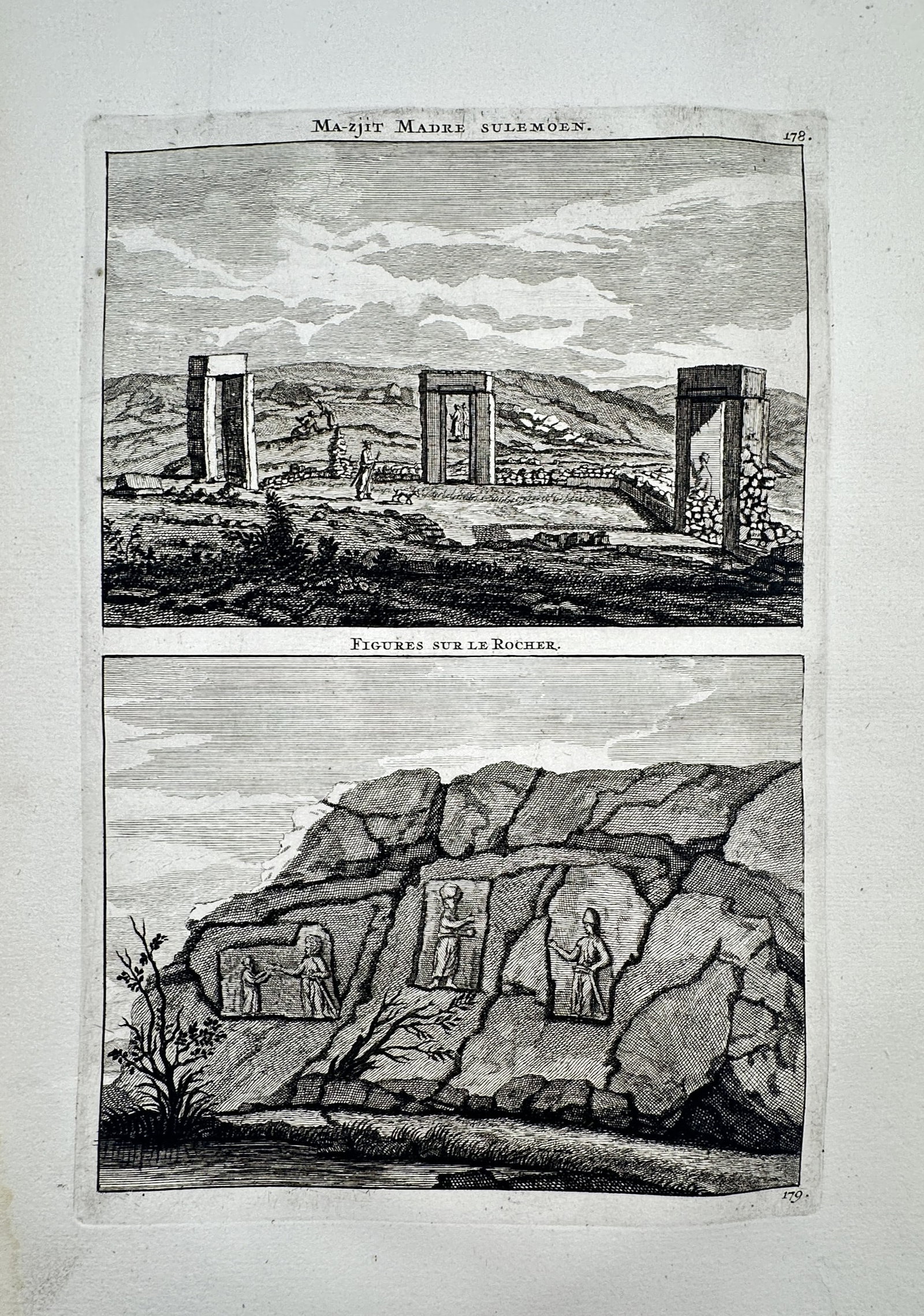 Cornelis de Bruyn (1652–1726) – Views of Pasargadae and Rock Reliefs – Engraving (1698): "Masjit Madre Sulemoen" and "Figures sur le Rocher" are two illustrations on a single plate depicting the ruins of Pasargadae and ancient Persian rock reliefs. The top view shows the remains of the pa