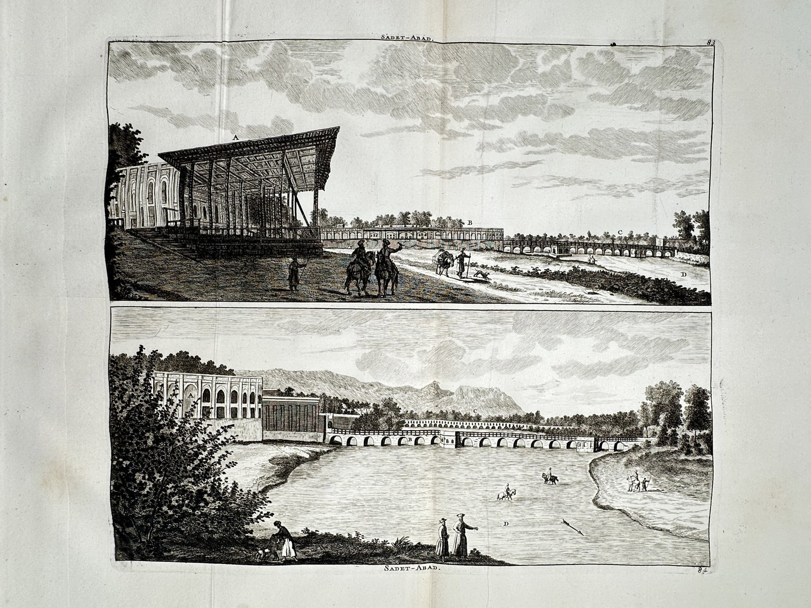 Cornelis de Bruyn (1652–1726) – Views of Sa'adat Abad – Engraving (1698): "Saadet-Abad" consists of two landscape views on a single plate depicting the royal palace complex and gardens of Sa'adat Abad in Isfahan. The scenes show the architectural structures alongside the Za