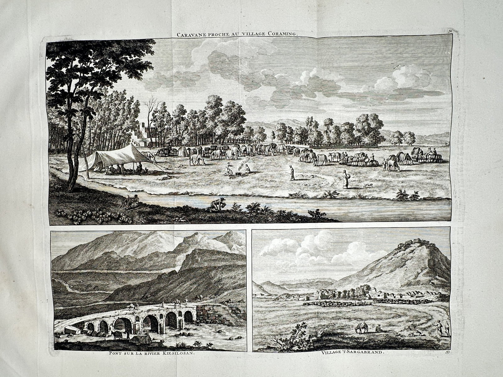 Cornelis de Bruyn – Caravan near Comahing and Views of Kizilozan and Tsagarland – Engraving: "Caravane Proche au Village Comahing," "Pont sur la Riviere Kissilosan," and "Village Tsagarrand" are three topographical views on a single plate depicting scenes from the artist's travels through Per