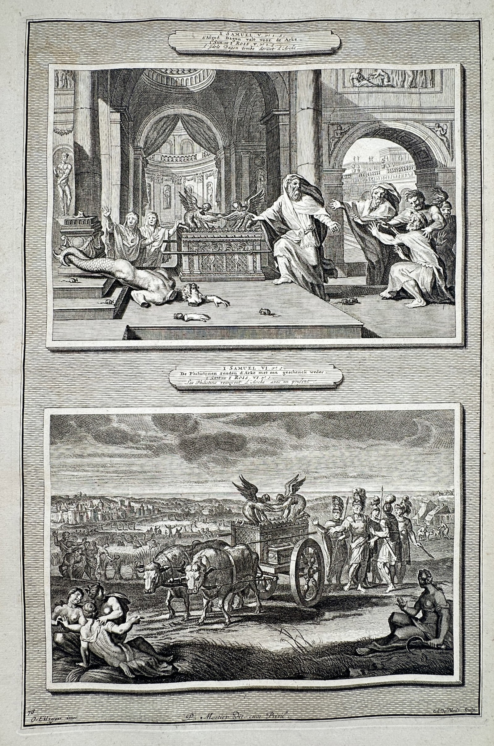 Pieter Mortier – Dagon Falling Before the Ark and the Return of the Ark – Etching (1700) (1 of 2)