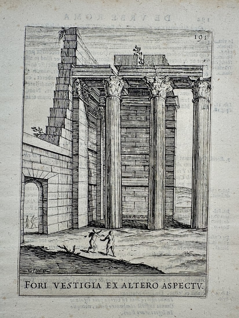 Alessandro Donati (1584-1640) – View of the Vestiges of the Forum from Another Aspect – Etching: "Fori Vestigia ex Altero Aspectv" This architectural print shows a secondary view of the ruins within a Roman forum, highlighting the massive Corinthian columns and the high enclosing wall of the stru