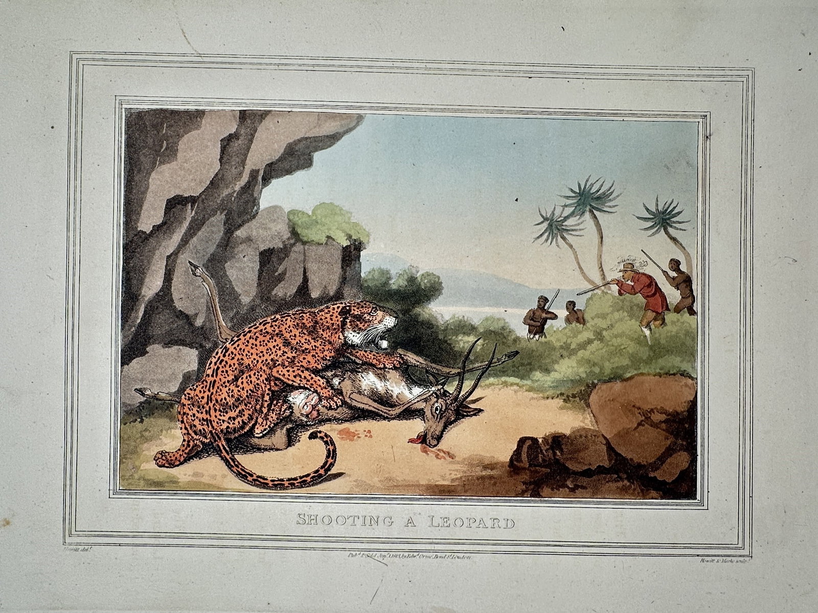 Samuel Howitt (1756-1822) – Shooting a Leopard – Hand-coloured aquatint (1813) (1 of 2)