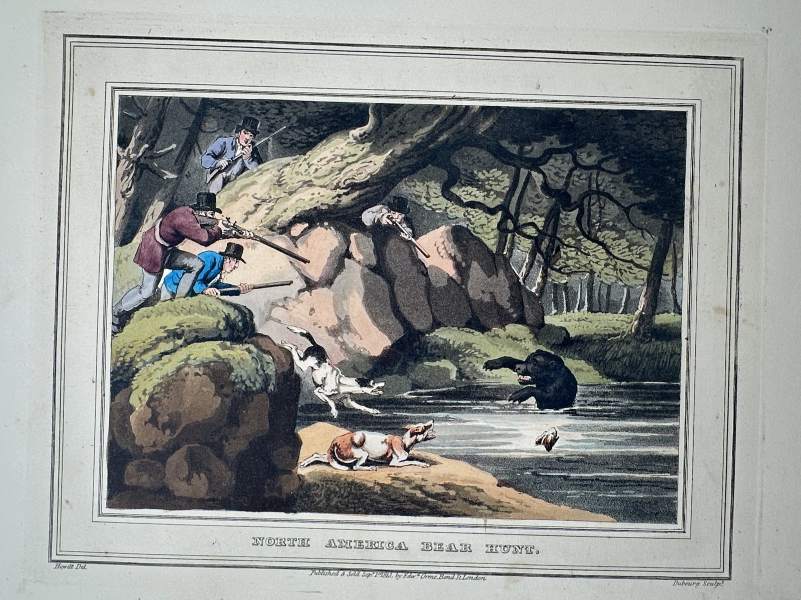Samuel Howitt (1756-1822) – North America Bear Hunt – Hand-coloured aquatint (1813) (1 of 2)