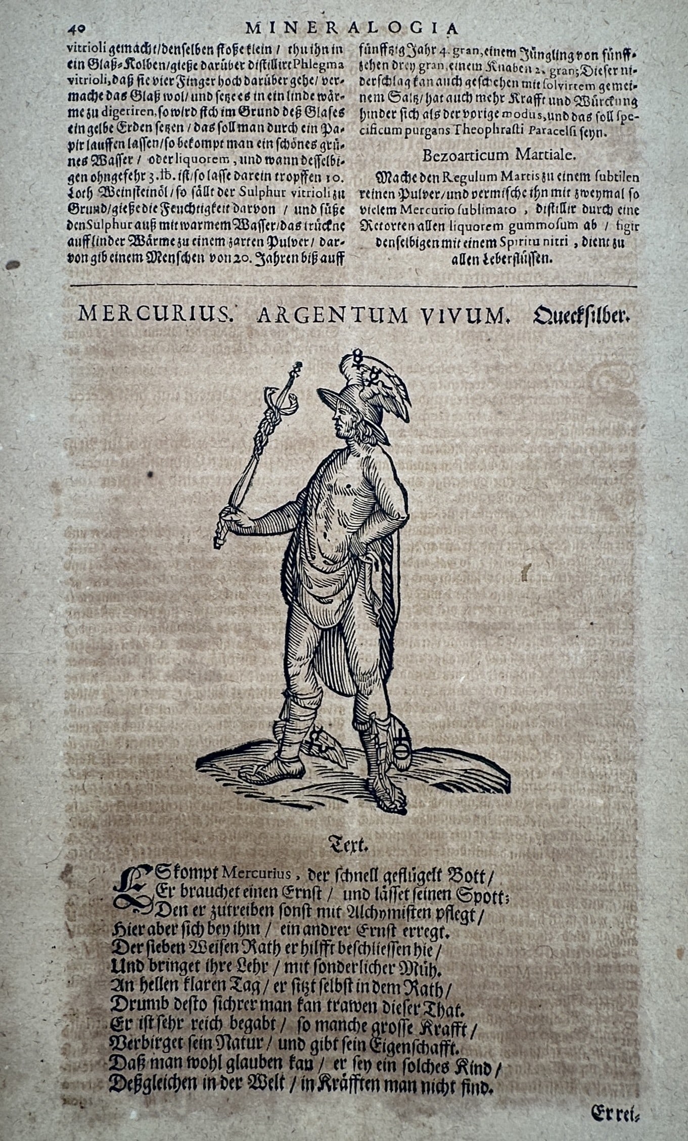Lazarus Ercker (c. 1530–1594) – View of an Allegorical Figure of Mercury – Woodcut (c.: "Mercurius. Argentum Vivum. Quecksilber." This woodcut illustrates the Roman god Mercury, identified by his winged hat and caduceus, serving as an alchemical allegory for the element mercury or quicks