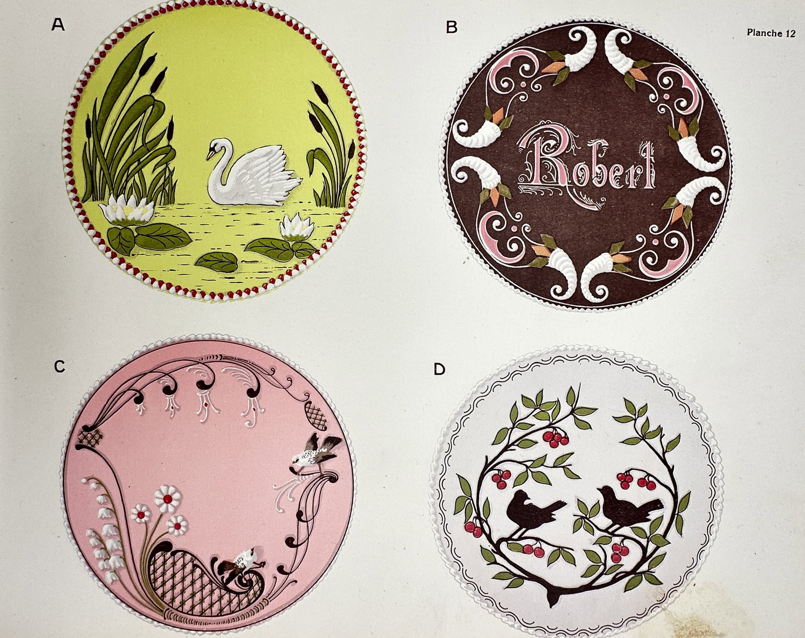 Thérèse de Dillmont (1846–1890), after – Studies of Decorative Embroidery Patterns – Offset: "Planche 12" This plate illustrates four circular embroidery or needlework designs, featuring motifs such as a swan among water lilies, a personalized nameplate, and stylized birds with floral arrange