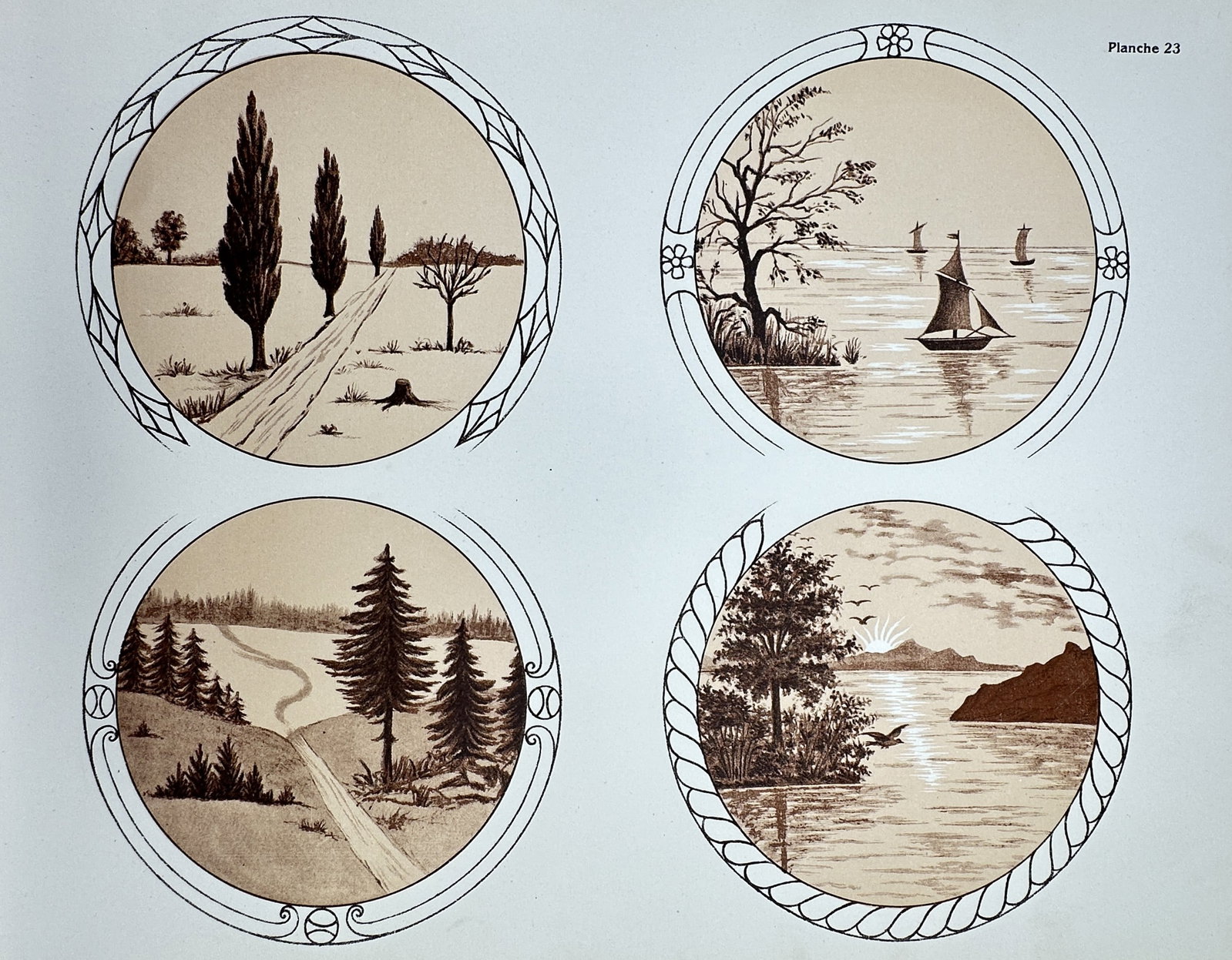 Thérèse de Dillmont (1846–1890), after – Studies of Decorative Landscape Embroidery Patterns: "Planche 23" This plate illustrates four circular monochrome landscape designs intended for needlework, featuring various scenic motifs including a cypress-lined road, sailboats on a calm sea, a fores