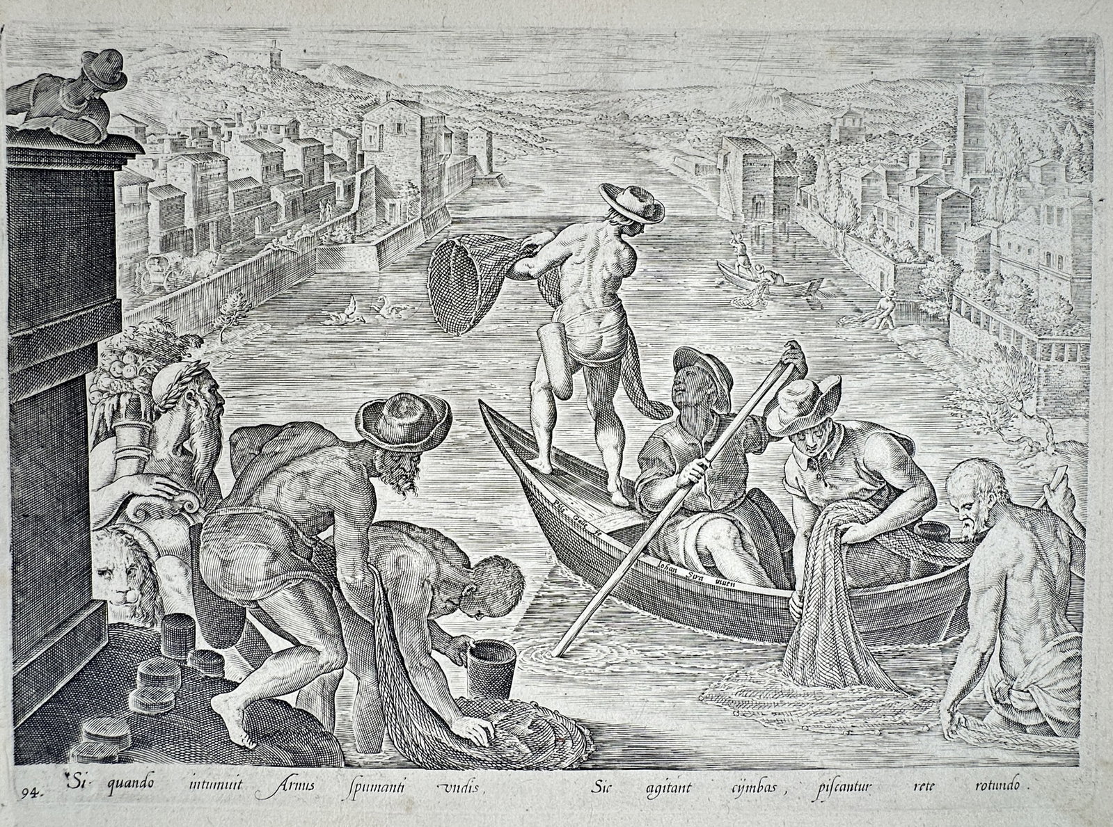 Johannes Stradanus (1523–1605) – Fishing on the Arno in Florence – Engraving (c. 1578–1580) (1 of 2)