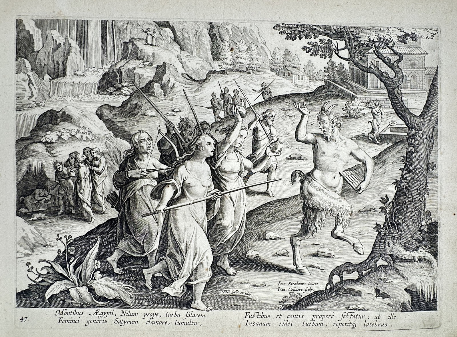 Johannes Stradanus (1523–1605) – The Hunting of a Satyr – Engraving (c. 1596): "Montibus Aegypti, Nilum prope, turba falacem" This plate depicts a fantasy scene where a crowd of women armed with spears, sticks, and a club pursue a male satyr through a rocky, tiered landscape. Pu