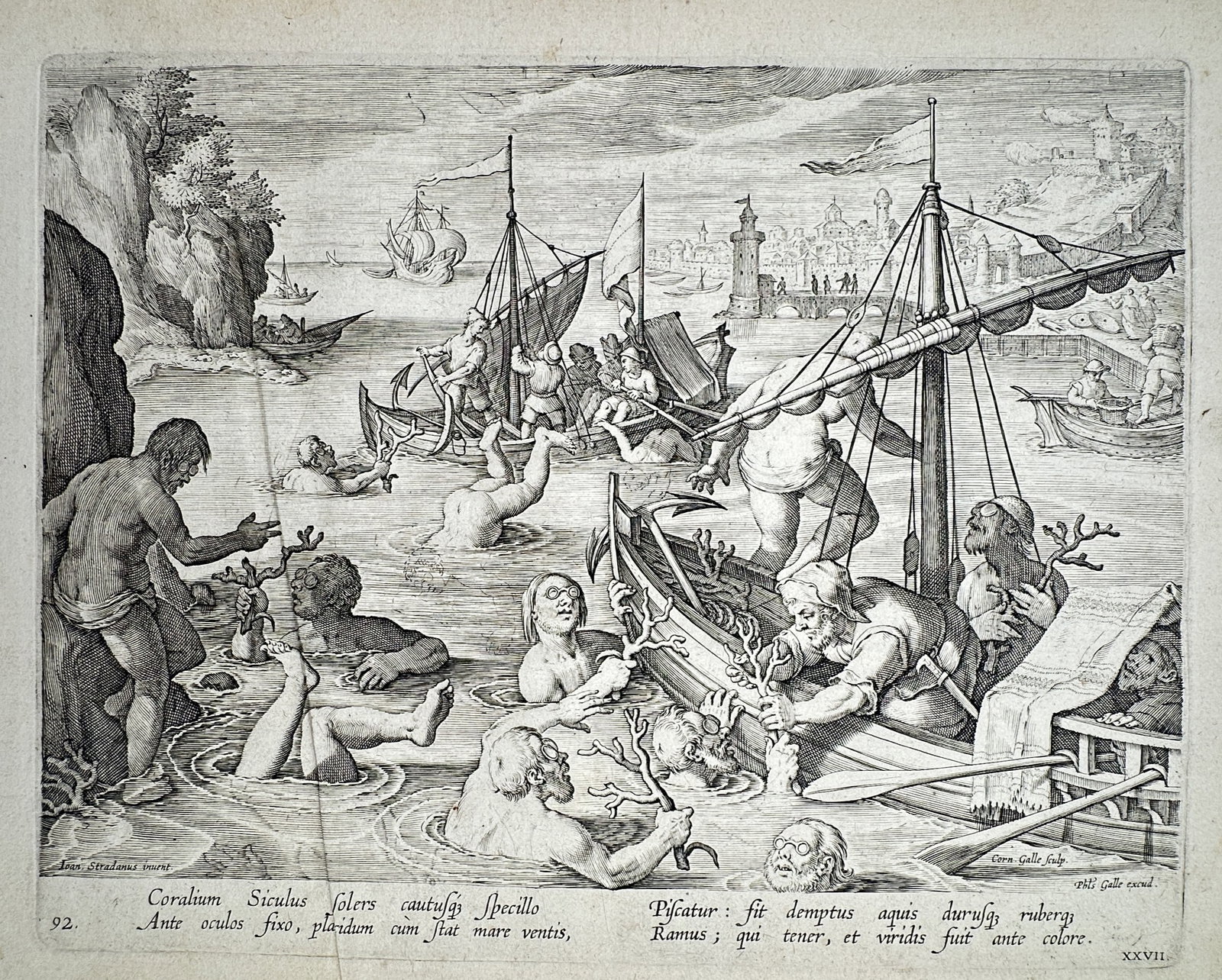 Johannes Stradanus (1523–1605) – Coral Fishing off the Coast of Sicily – Engraving (c. (1 of 2)