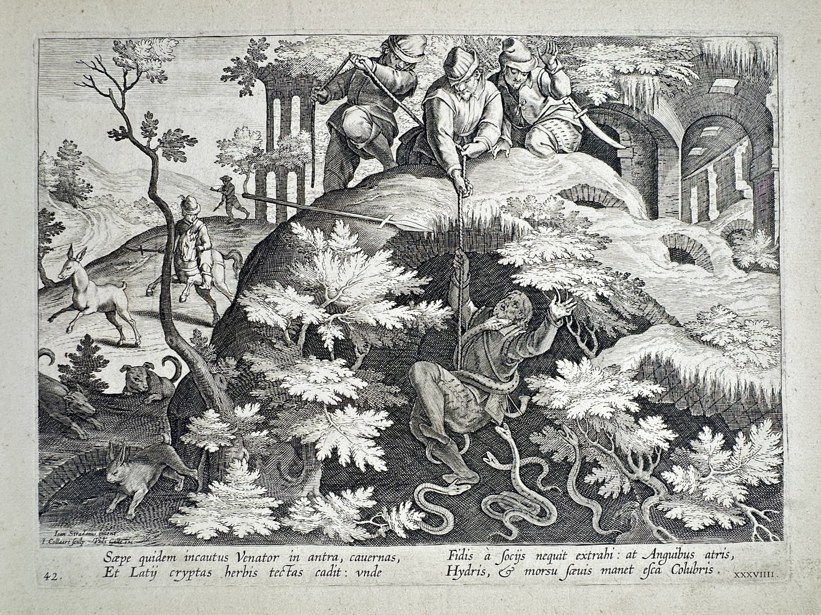 Johannes Stradanus (1523–1605) – The Hunter Fallen into a Pit of Snakes – Engraving (c. 1596) (1 of 2)