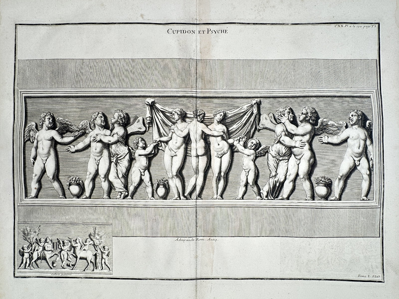 Bernard de Montfaucon (1655–1741) – Cupid and Psyche – Copper engraving (1719–1724): "Cupidon et Psyché" This plate illustrates a classical bas-relief depicting the mythological figures of Cupid and Psyche surrounded by winged erotes and attendants, with a smaller inset showing a bac