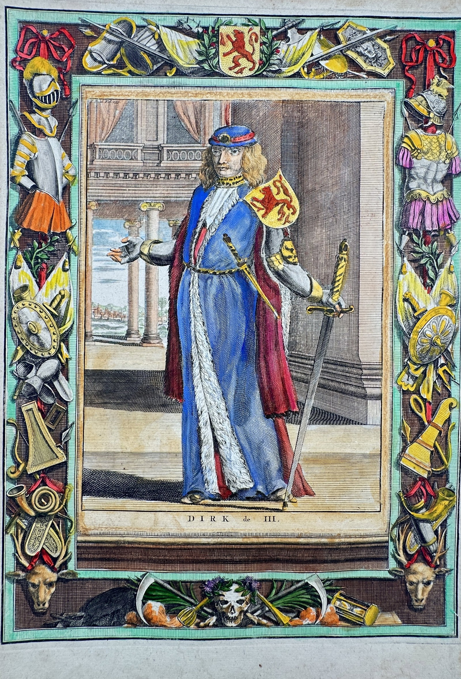 François Halma – Dirk III, Count of Holland – Hand-coloured engraving (1725) (1 of 2)