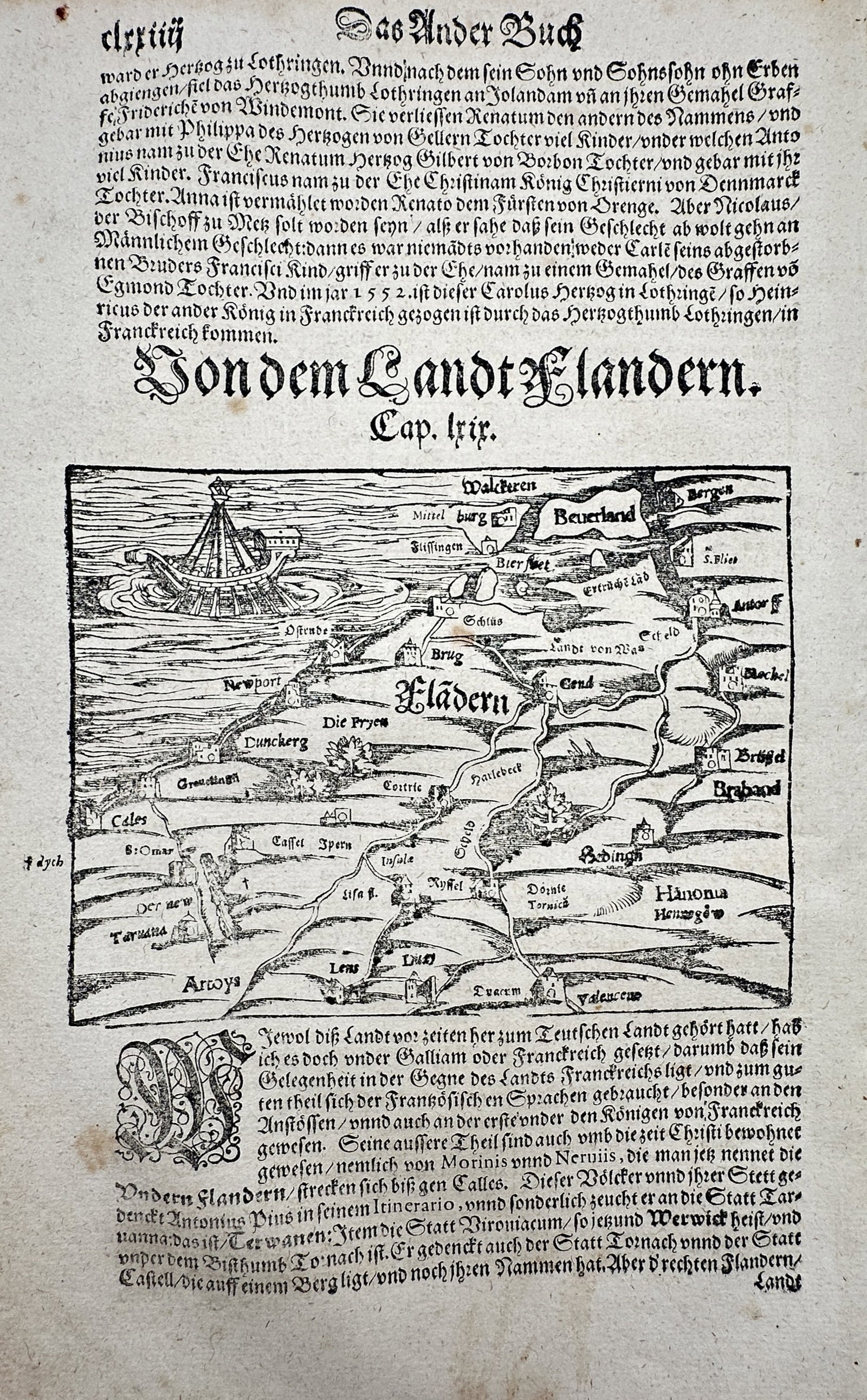 Sebastian Münster (1488–1552) – Map of Flanders – Belgium – Woodcut (c. 1544–1578) (1 of 2)