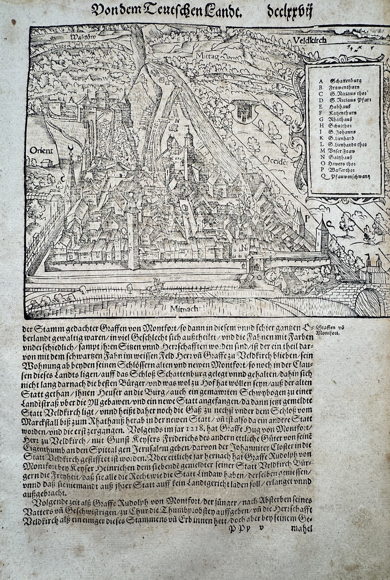 Sebastian Münster (1488–1552) – View of Feldkirch – Austria – Woodcut (c. 1544–1578) (1 of 2)