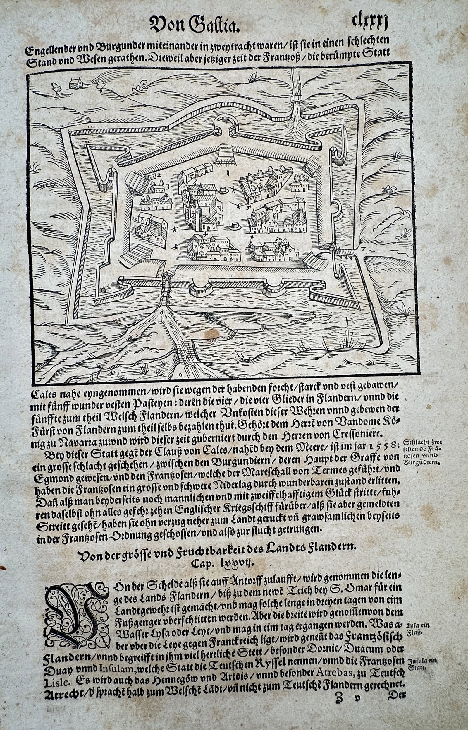Sebastian Münster (1488–1552) – View of a Fortified City in Gallia – France – Woodcut (1 of 2)