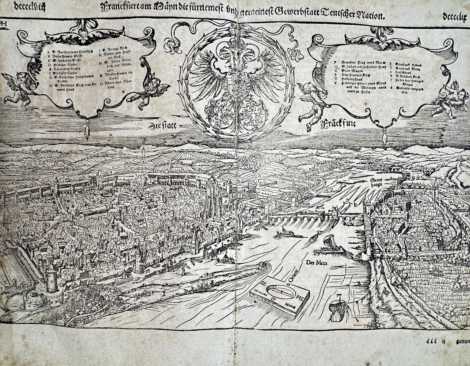 Sebastian Münster (1488–1552) – View of Frankfurt am Main – Germany – Woodcut (c.: "Franckfurt am Mayn die fürnemest und gemeinest Gewerbstatt Teutscher Nation" This woodcut provides a panoramic bird's-eye view of Frankfurt am Main, featuring the river Main, the Alte Brücke, and t