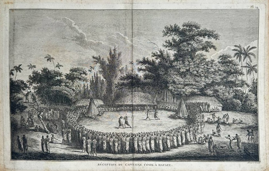 John Webber (1751–1793) – Reception of Captain Cook at Hapaee – Engraving (1784–1785) (1 of 2)