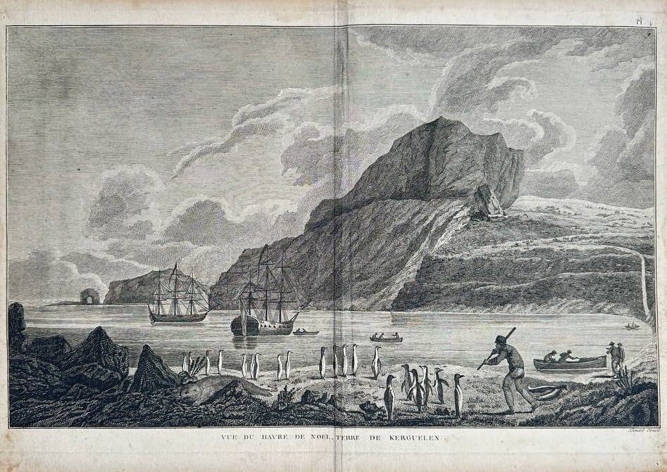 John Webber (1751–1793) – View of Christmas Harbour in Kerguelen Land – Engraving: "Vue du Havre de Noël, Terre de Kerguelen" This engraving illustrates Christmas Harbour on the Kerguelen Islands, showing the expedition's ships anchored near a rocky shoreline populated by penguins 