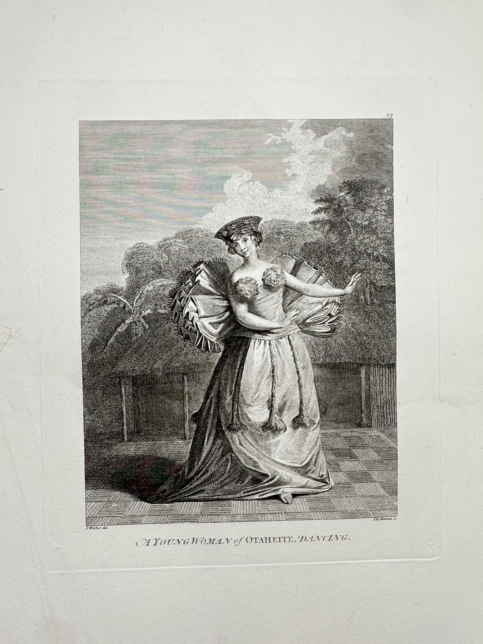 John Webber (1751–1793) – A Young Woman of Otaheite, Dancing – Engraving (1784): "A Young Woman of Otaheite, Dancing" This engraving depicts a Tahitian woman performing a traditional dance in elaborate ceremonial attire, and was published in the official account of Captain James C