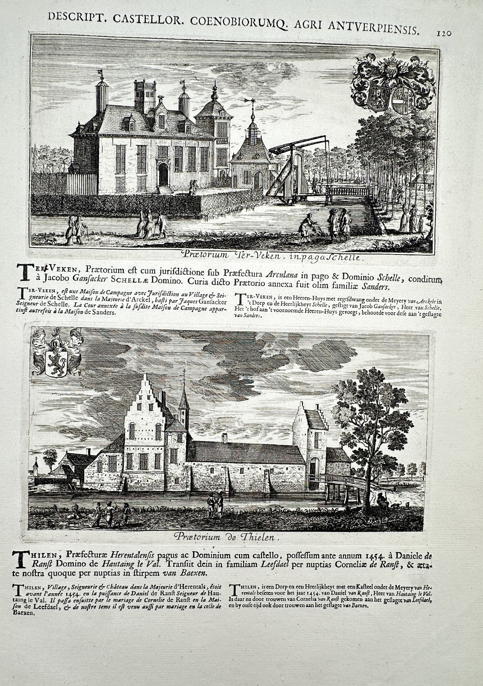 Jacques Le Roy (1633–1719) – Views of Ter-Veken and Thielen – Engraving (c. 1678–1706): "Descript. Castellor. Coenobiorumq. Agri Antverpiensis." This engraving depicts two manor houses in the Antwerp countryside, featuring the Praetorium Ter-Veken at the top and the Praetorium de Thielen