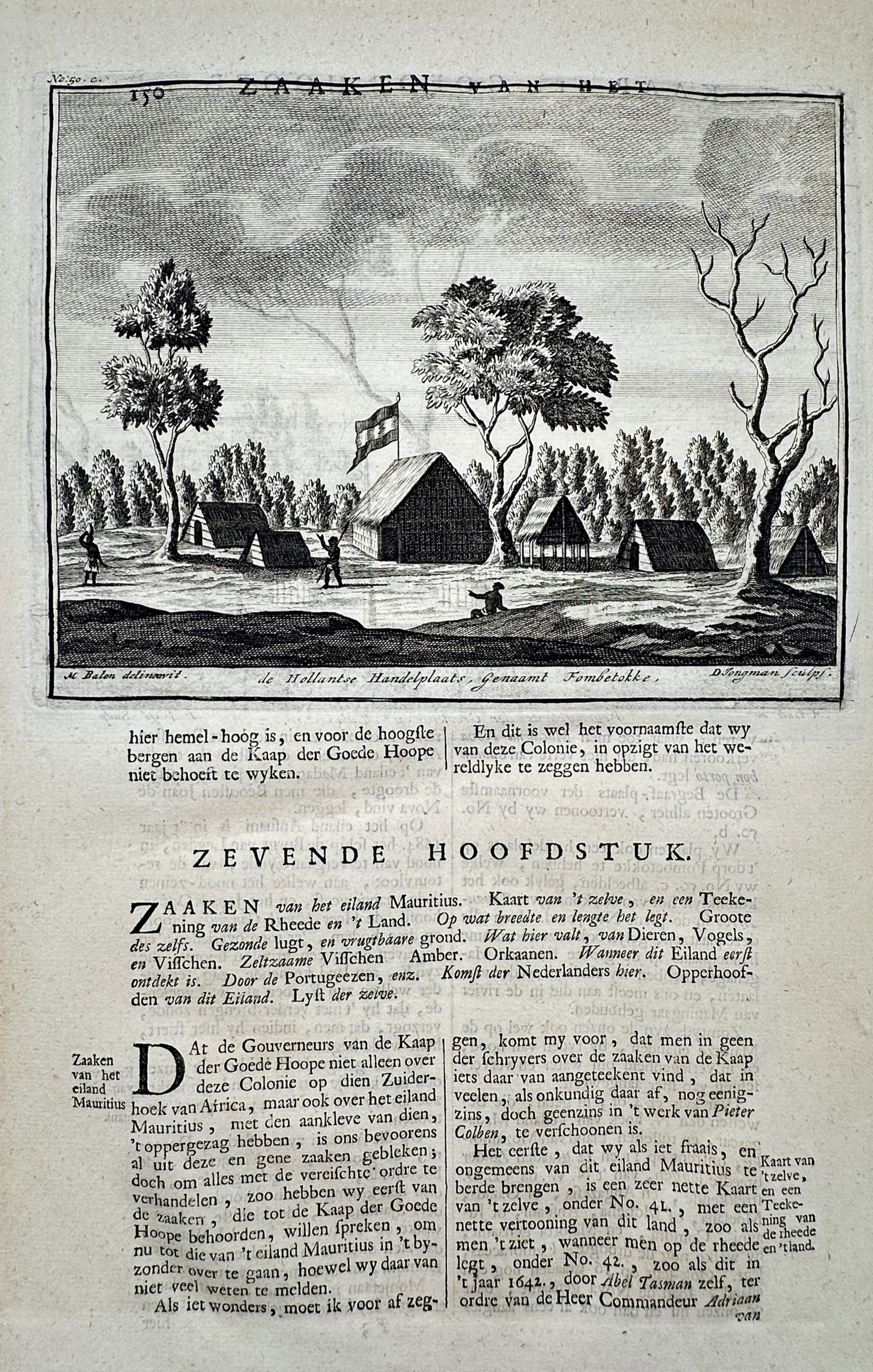 François Valentijn (1666–1727) – View of the Dutch Trading Post at Tombotokko – Madagascar: "de Hollandze Handelsplaats Genaamd Tombotokko." This engraving depicts a Dutch trading outpost on the island of Madagascar, featuring several thatched structures and a central building flying the Dut