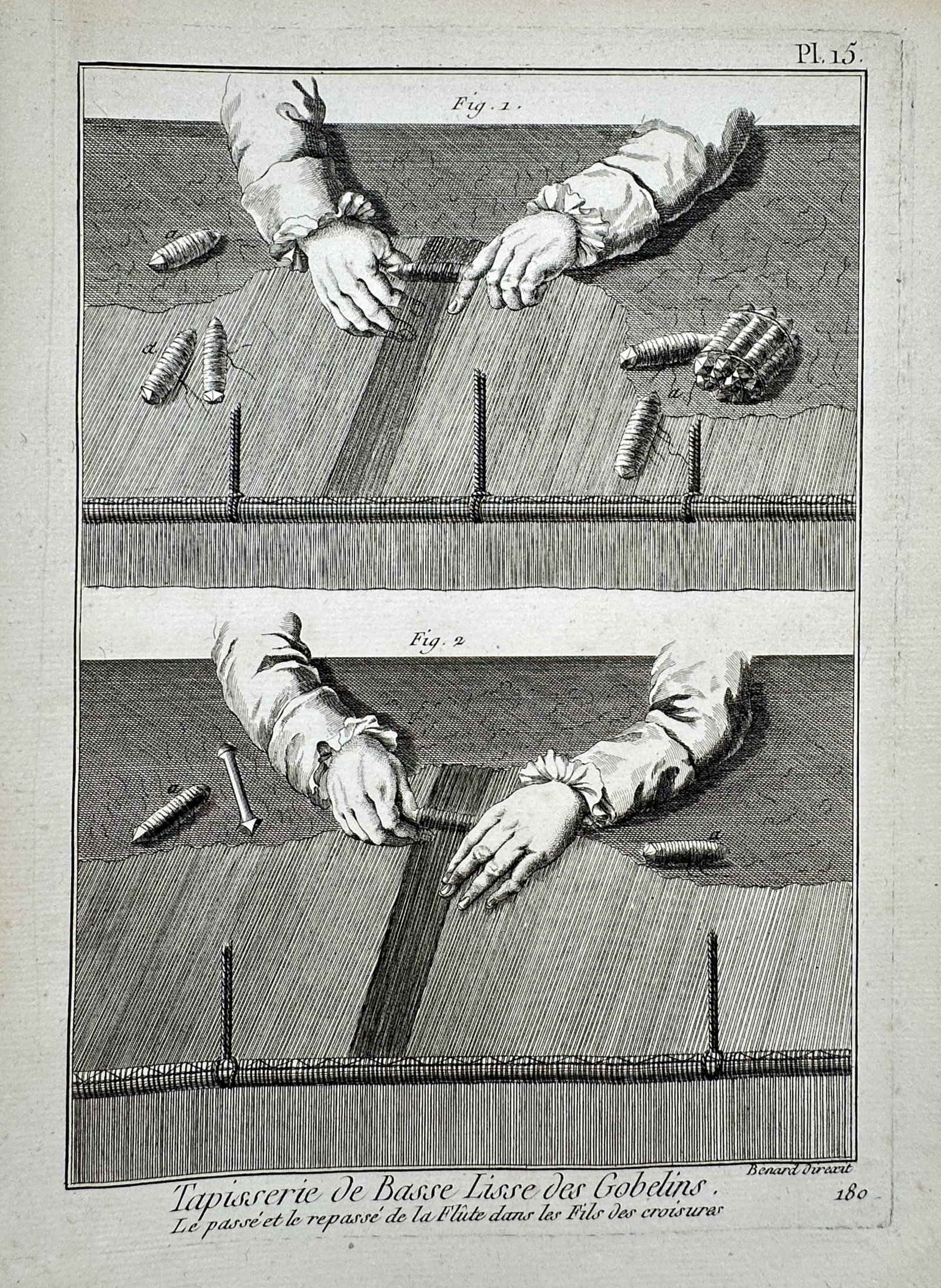Robert Benard (1734–1777) – Low-warp Gobelins tapestry – Engraving (1771): "Tapisserie de Basse Lisse des Gobelins. Le passe et le repasse de la flute dans les Fils des croisure." This engraving illustrates the technical precision of low-warp tapestry weaving at the famous G