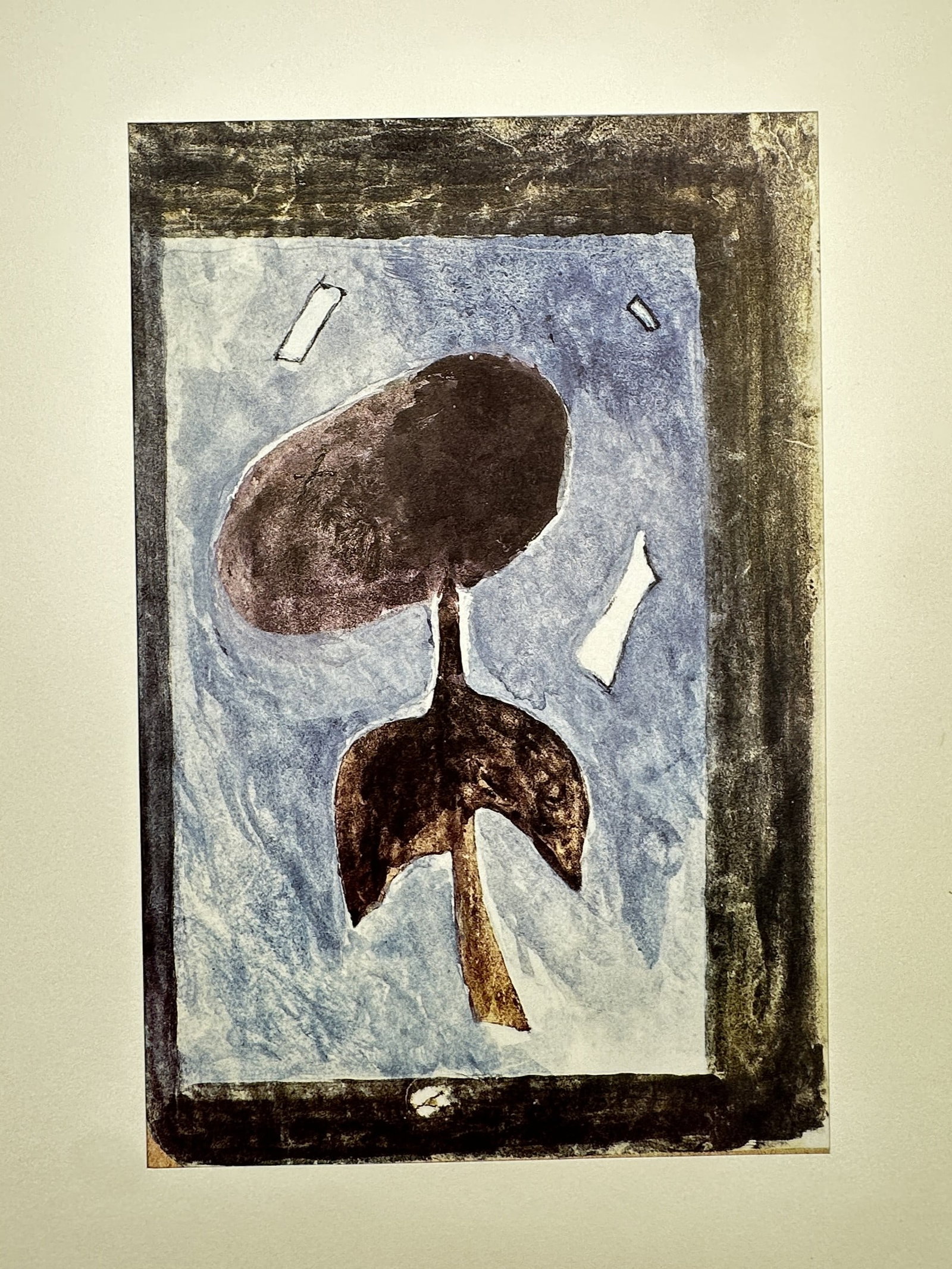 Georges Braque (1882–1963), after – Abstract Bird – Offset print (20th Century): "Abstract Bird." This offset print features a stylized, dark avian form set against a mottled blue background, framed by a thick, dark border. The composition reflects the artist's late career explora