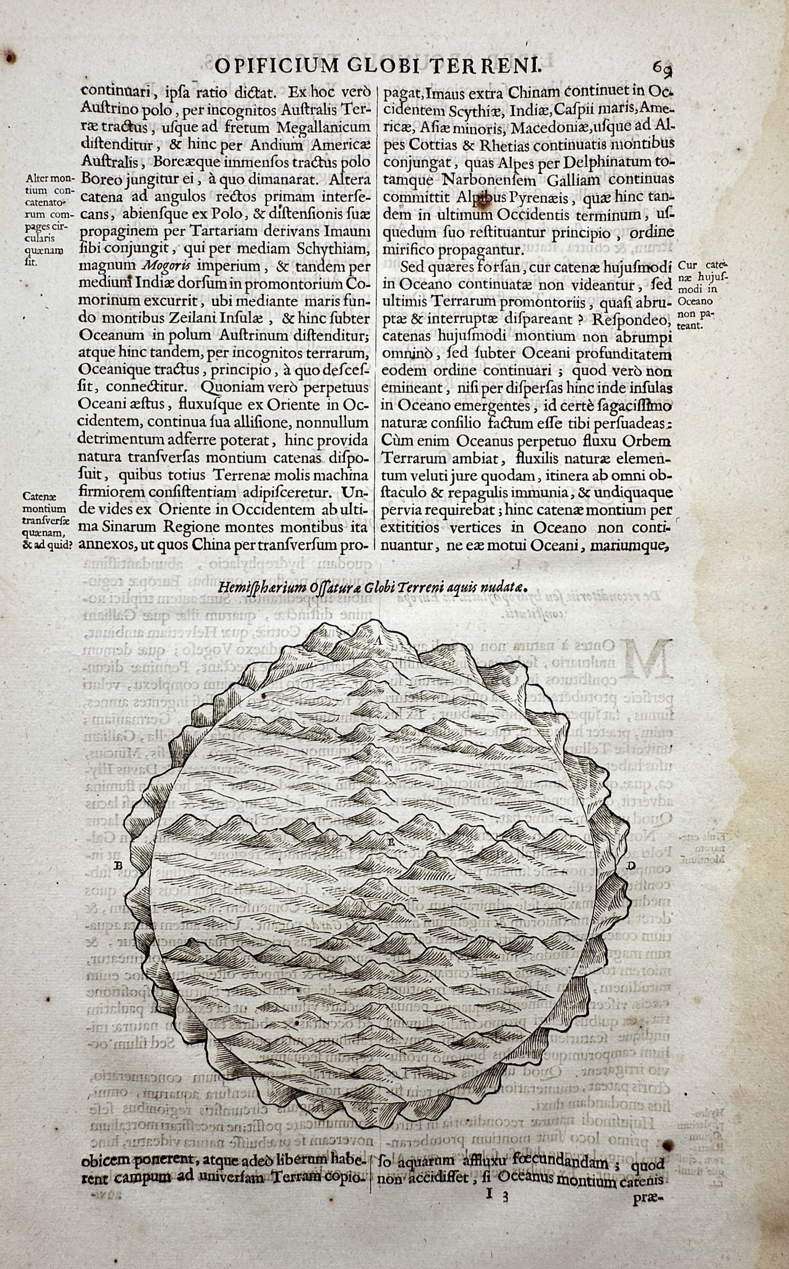 Cornelis de Bruyn – Diagram of the Terrestrial Globe without Water – Engraving (1698): "Hemisphaerium Ossaturae Globi Terreni aquis nudata." This engraving presents a conceptual diagram of the Earth's surface stripped of its oceans to reveal a rugged, mountainous skeleton. The work was 