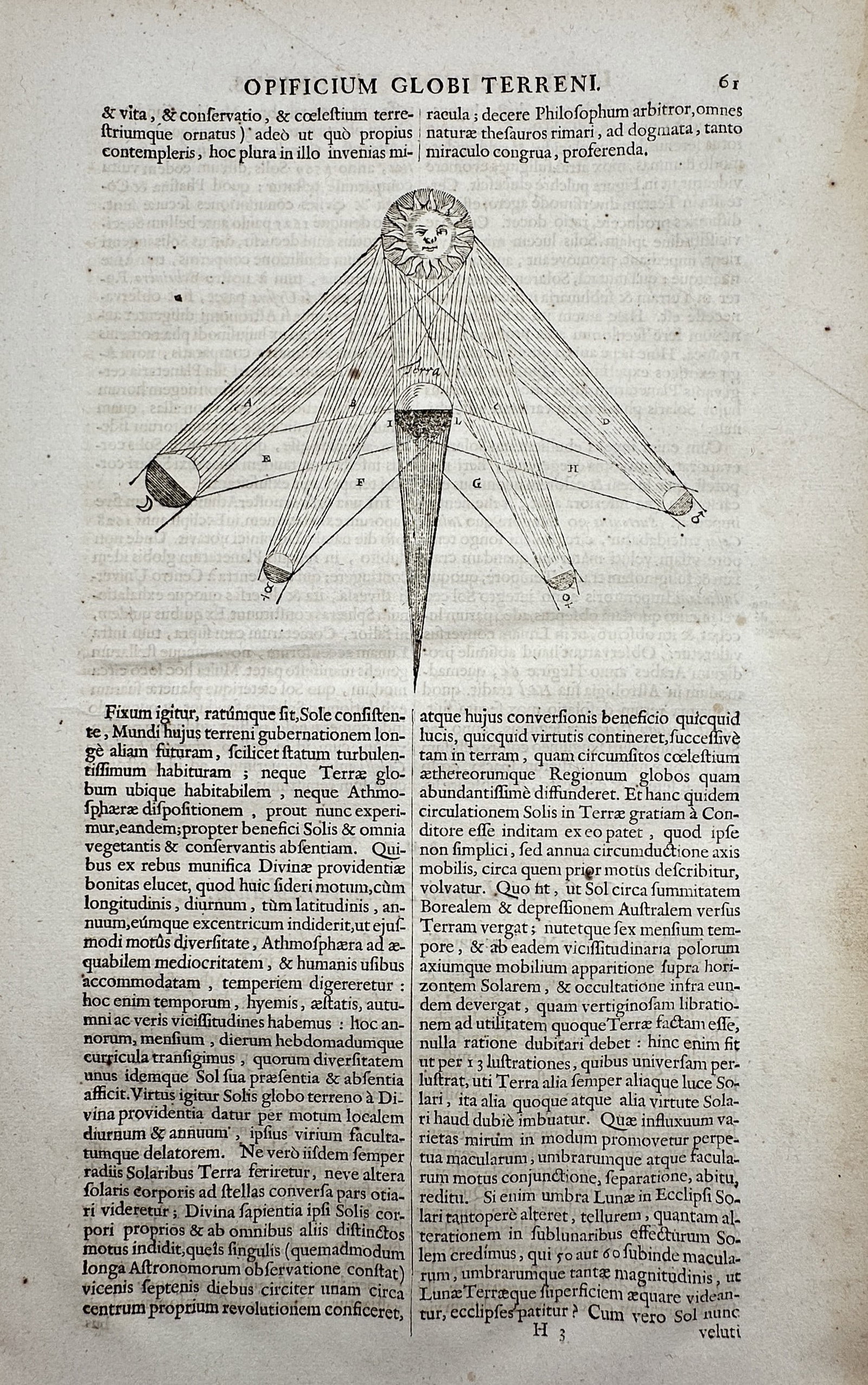 Cornelis de Bruyn – Solar Interaction with the Terrestrial Globe – Engraving (1698): "Opificium Globi Terreni." This engraving features a symbolic and scientific diagram depicting a personified sun with a human face radiating light beams onto the earth, illustrating seventeenth-centur
