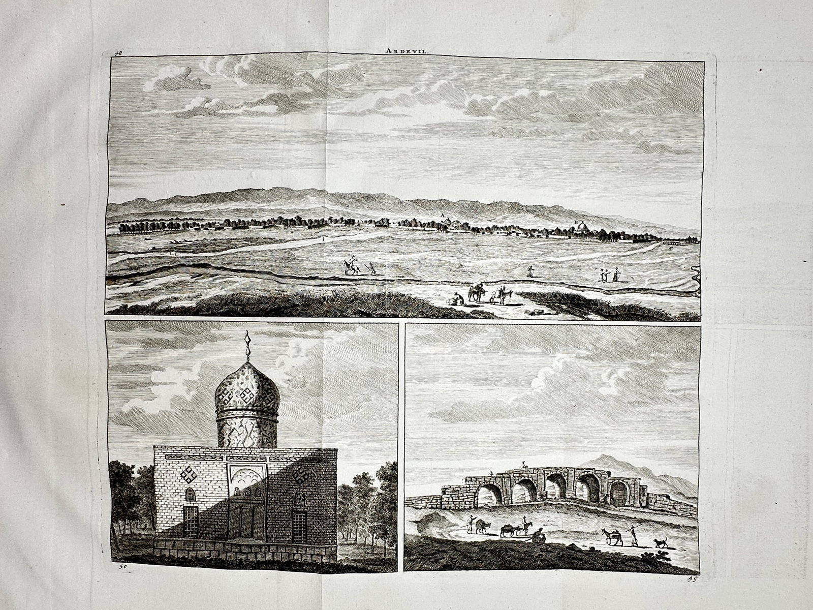 Cornelis de Bruyn – Views of Ardebil, a Tomb, and an Arched Bridge – Engraving (1698) (1 of 2)