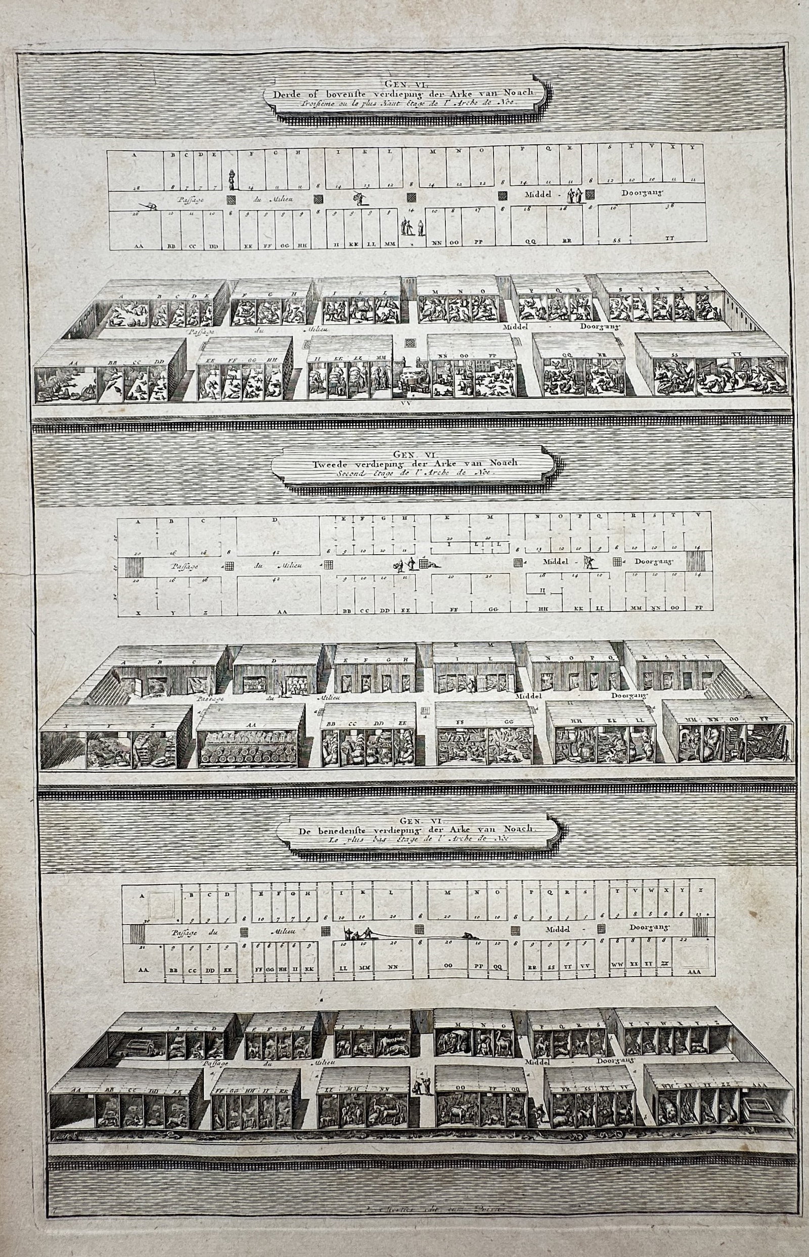 Pieter Mortier (1661–1711) – Architectural Plans and Interior Views of Noahs Ark – Etching (1 of 2)