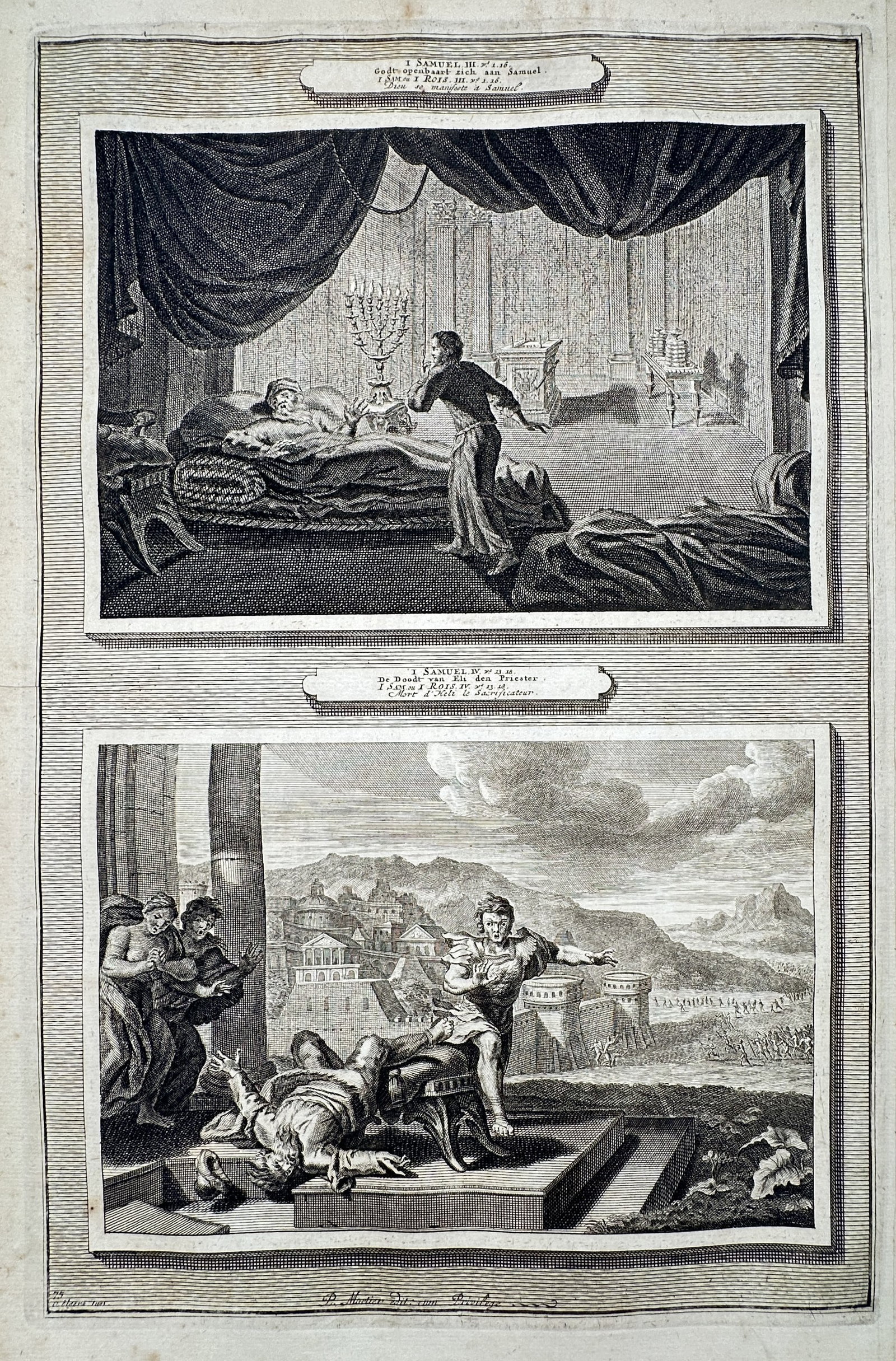Pieter Mortier (1661–1711) – The Calling of Samuel and the Death of Eli – Etching (1700) (1 of 2)