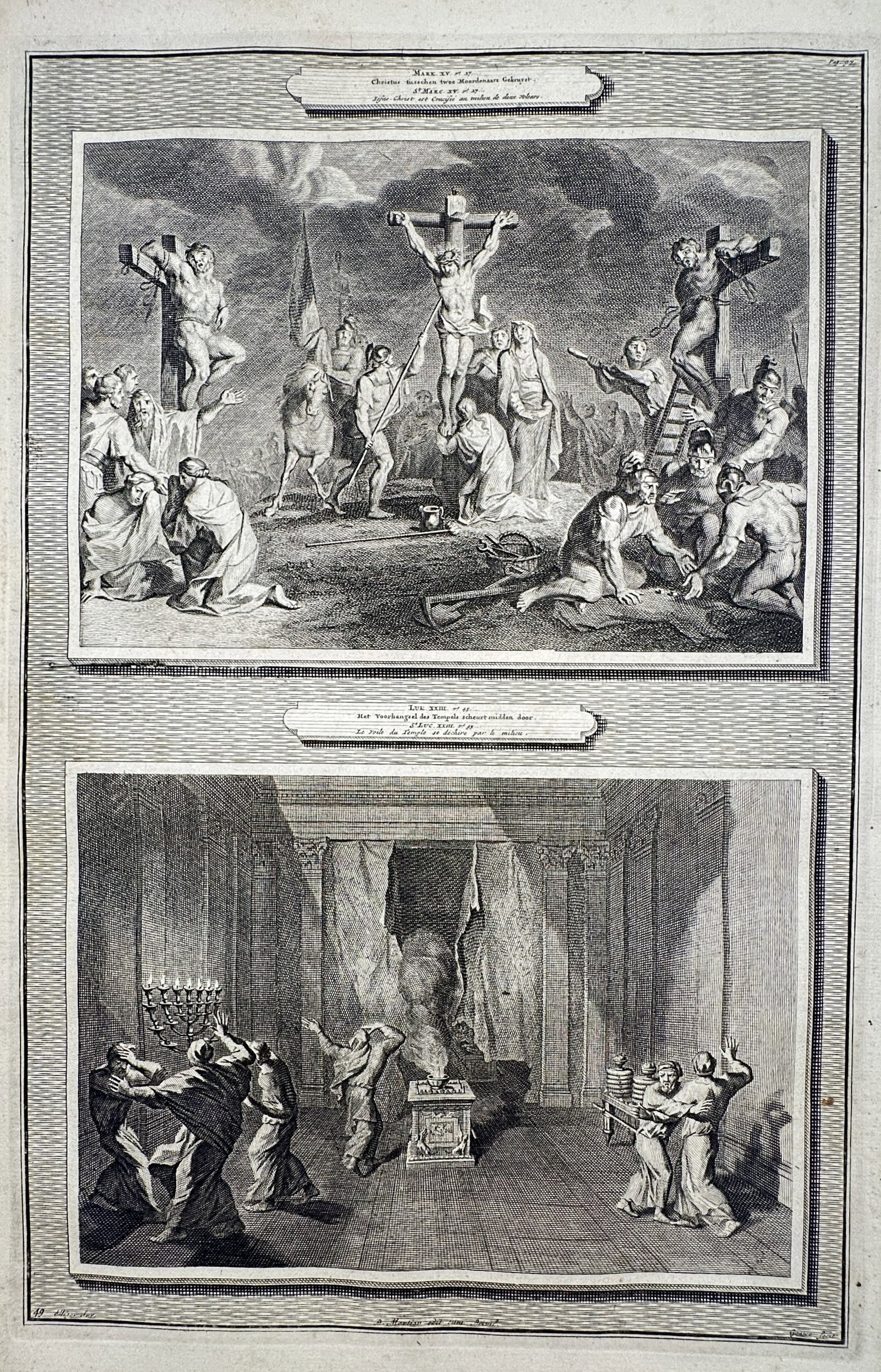 Pieter Mortier (1661–1711) – The Crucifixion and The Veil of the Temple Torn – Etching (1700) (1 of 2)