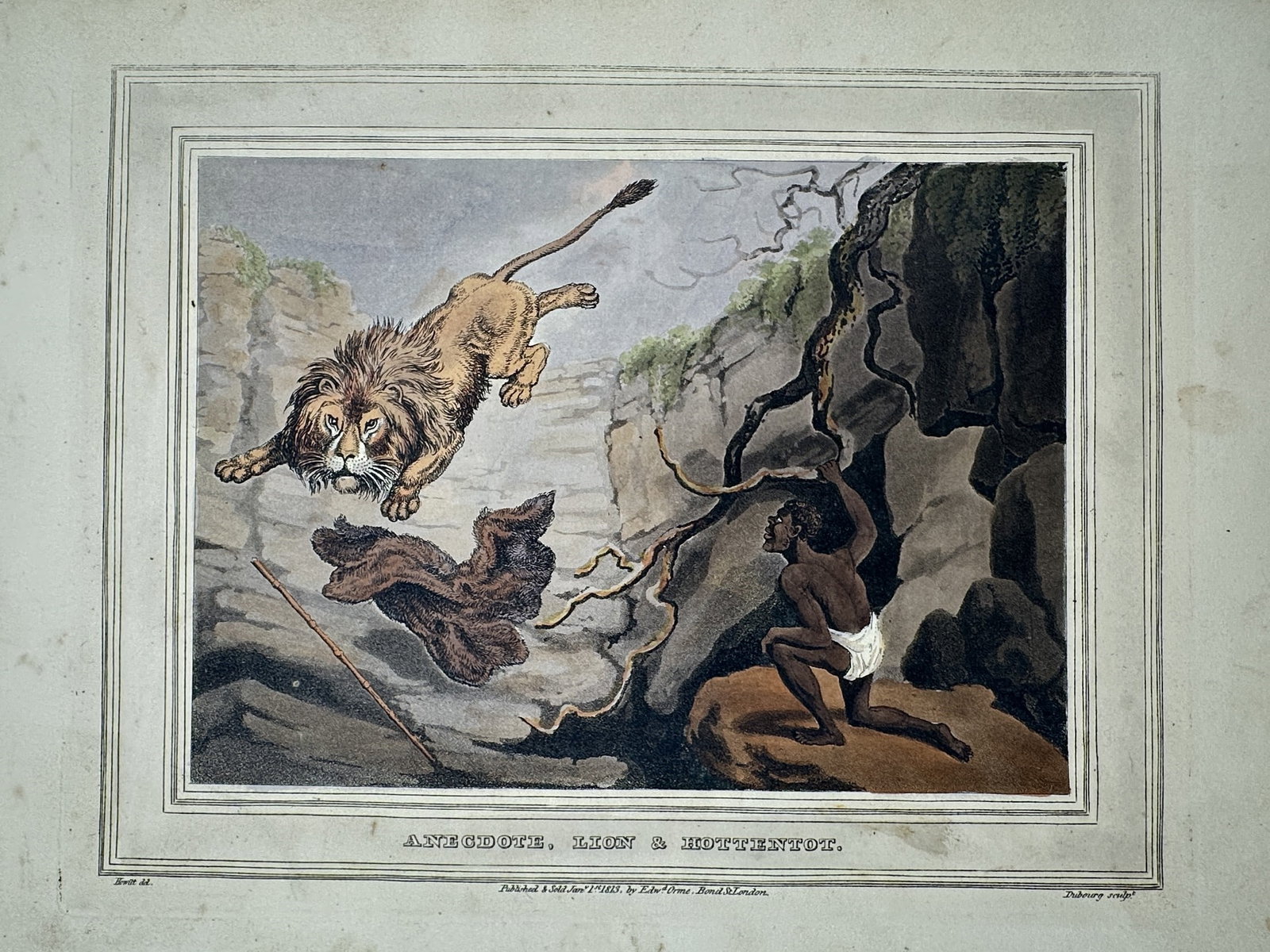 Samuel Howitt (1756–1822) – Anecdote, Lion & Hottentot – Hand-coloured aquatint (1813) (1 of 2)