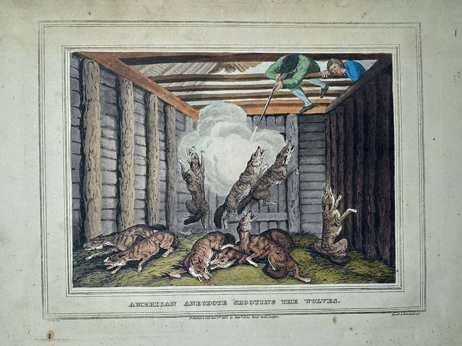 Samuel Howitt (1756–1822) – American Anecdote Shooting the Wolves – Hand-coloured aquatint (1 of 2)