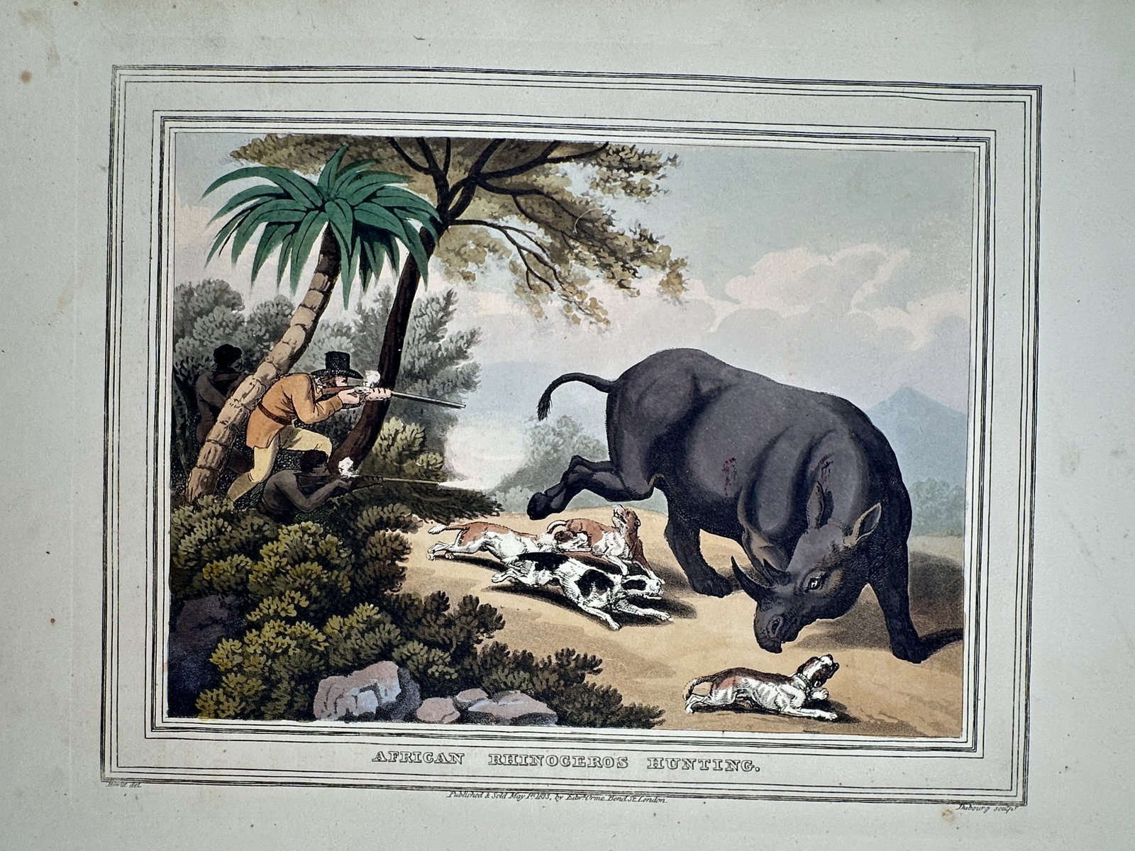 Samuel Howitt (1756–1822) – African Rhinoceros Hunting – Hand-coloured aquatint (1813) (1 of 2)