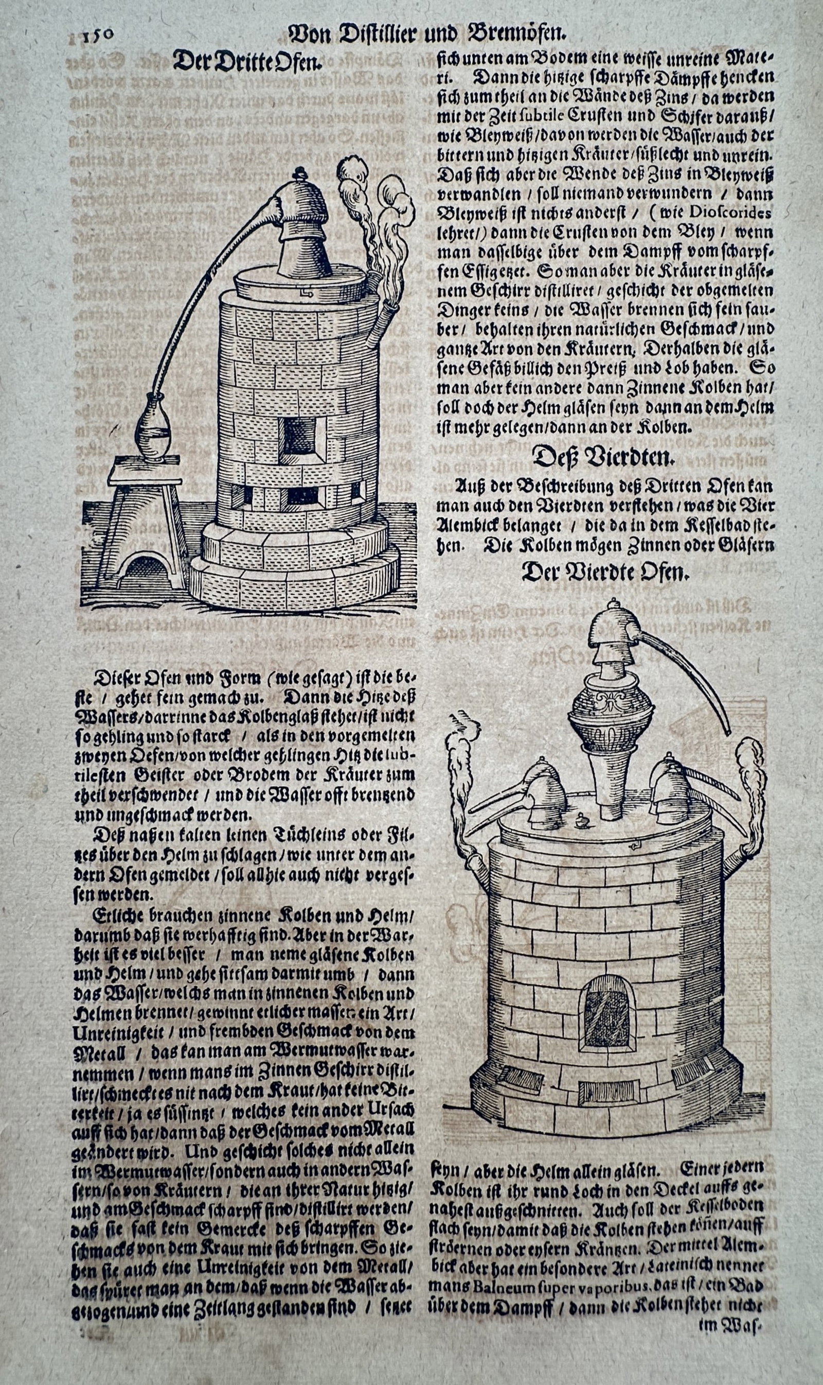 Lazarus Ercker (c. 1528–1594) – Studies of Alchemical Distillation Furnaces – Woodcut: Von Distillier und Brennofen presents a detailed technical study of two metallurgical or alchemical furnaces, specifically identifying the third and fourth ovens in a series used for the distillation 