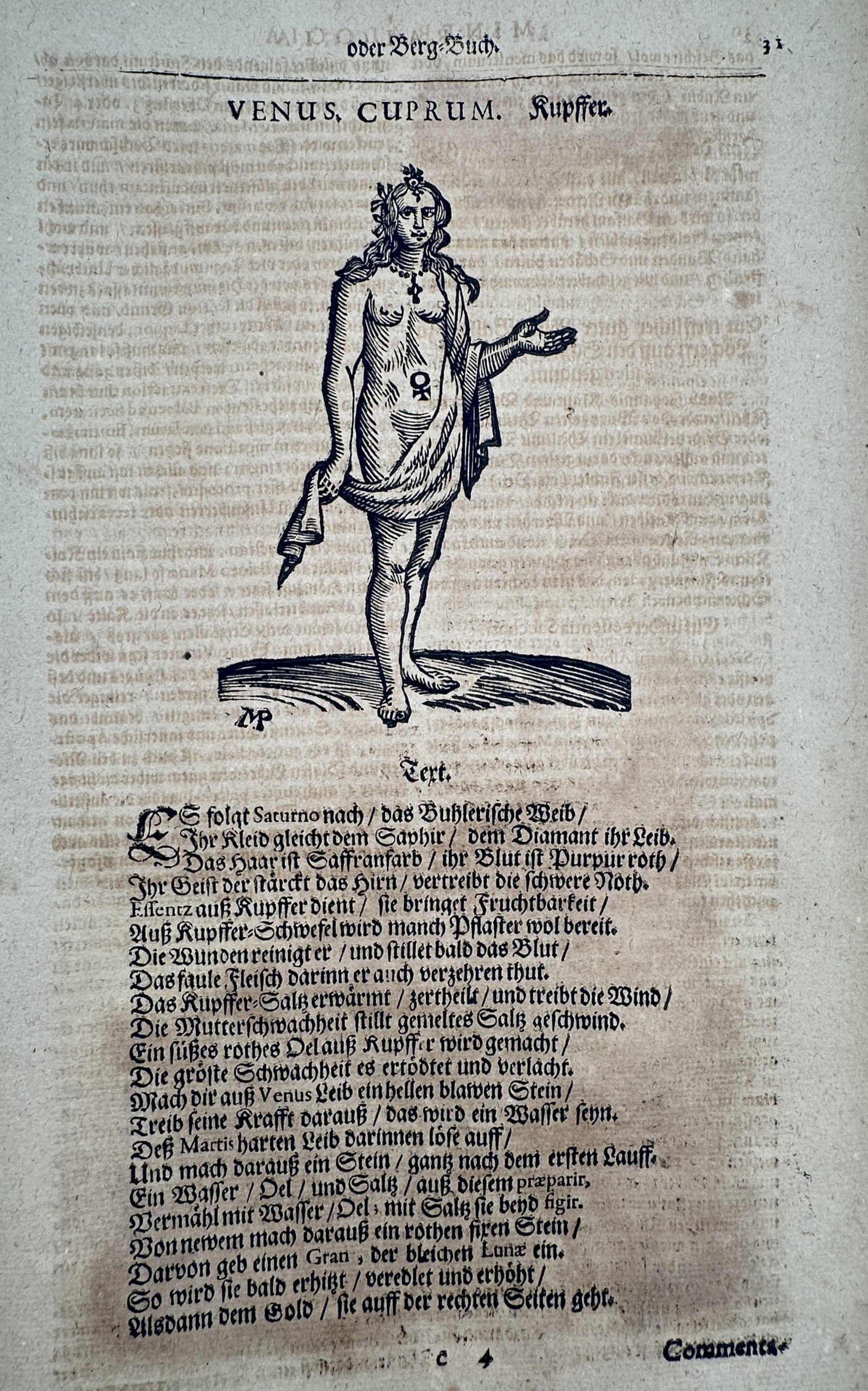 Lazarus Ercker (c. 1528–1594) – Allegorical Study of Venus and Copper – Woodcut (c. (1 of 2)