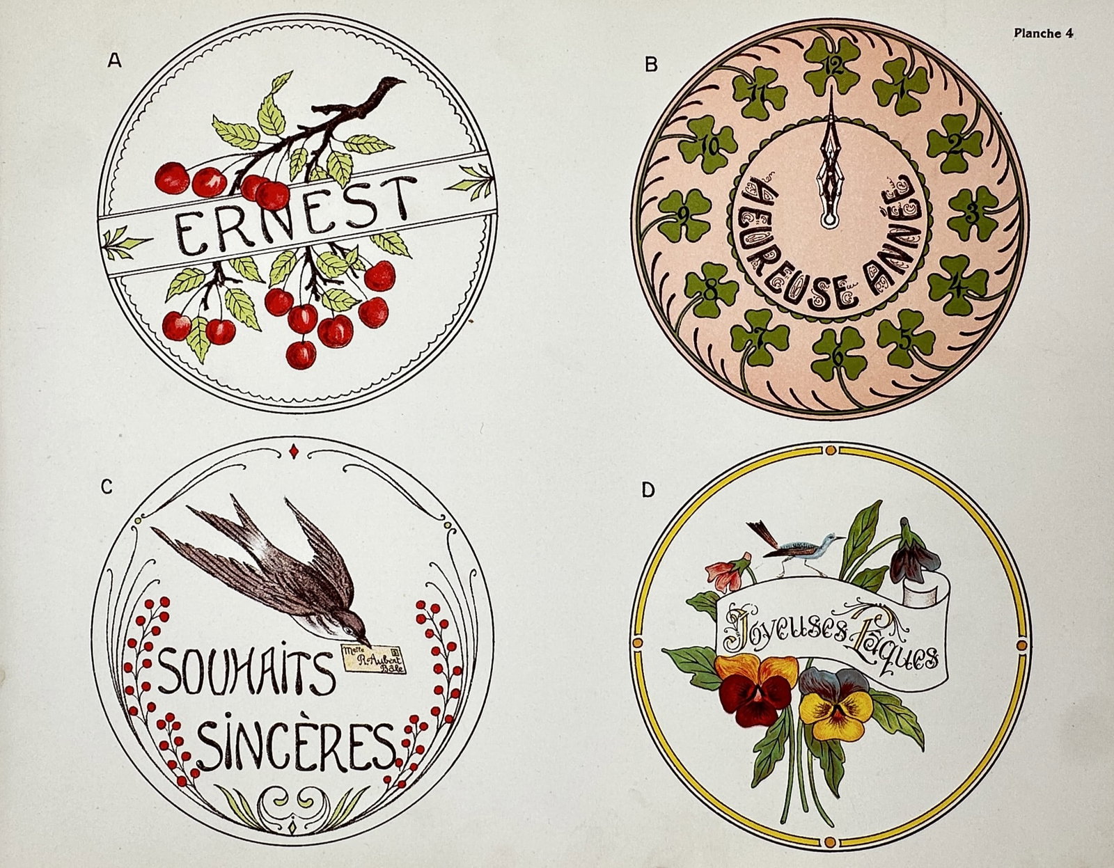 Thérèse de Dillmont (1846–1890), after – Set of 4: Festive Needlework Patterns – Offset: "Souhaits Sincères" presents a collection of four decorative embroidery designs arranged within circular medallions, featuring festive motifs such as cherries, a clock face with four-leaf clovers, a 
