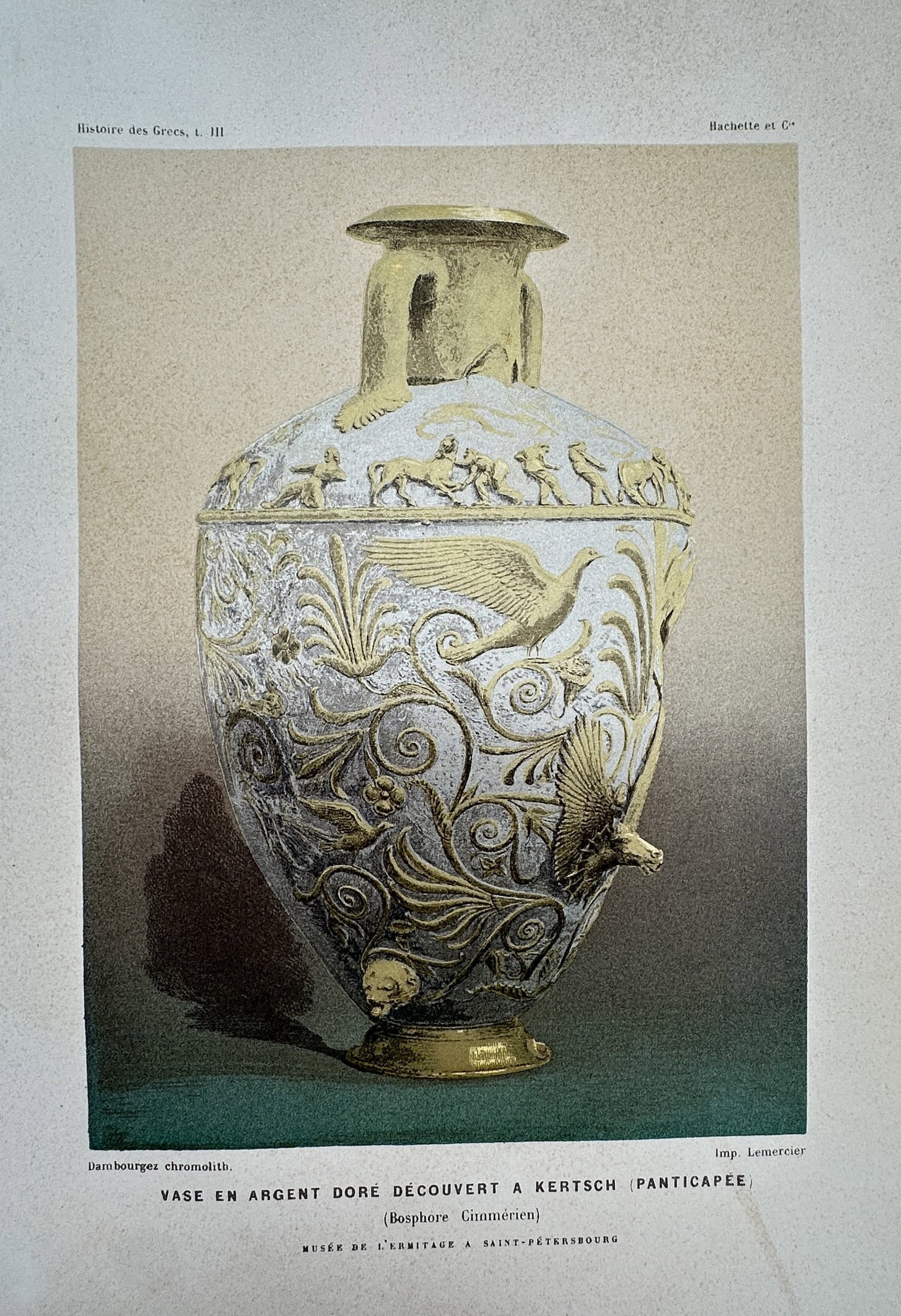 Victor Duruy (1811–1894) – Study of a Gilded Silver Vase from Kerch – Chromolithograph: Vase en argent dore decouvert a Kertsch presents a detailed archaeological study of a gilded silver vessel found in the Cimmerian Bosphorus, featuring intricate relief work of floral scrolls, birds, a