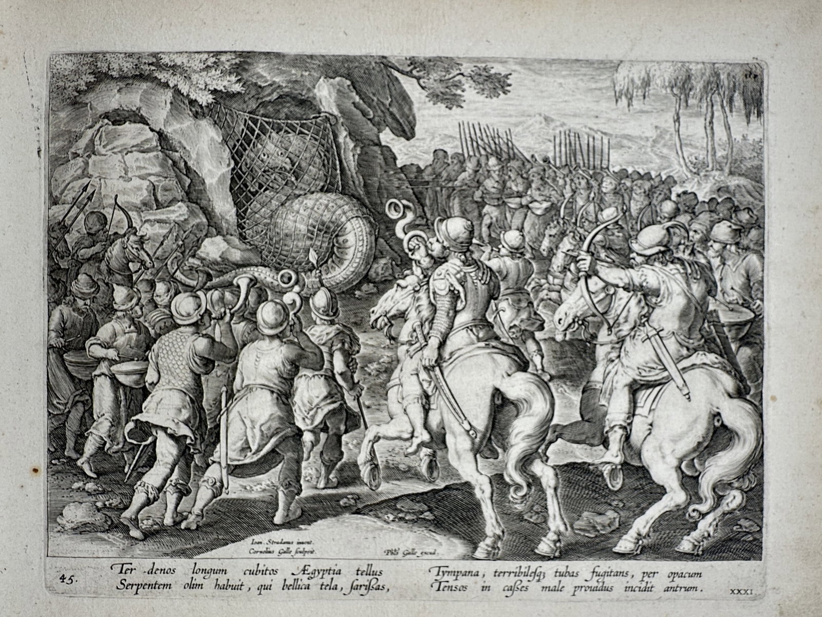 Johannes Stradanus (1523–1605) – The Hunt of the Giant Serpent in Egypt – Engraving (1 of 2)