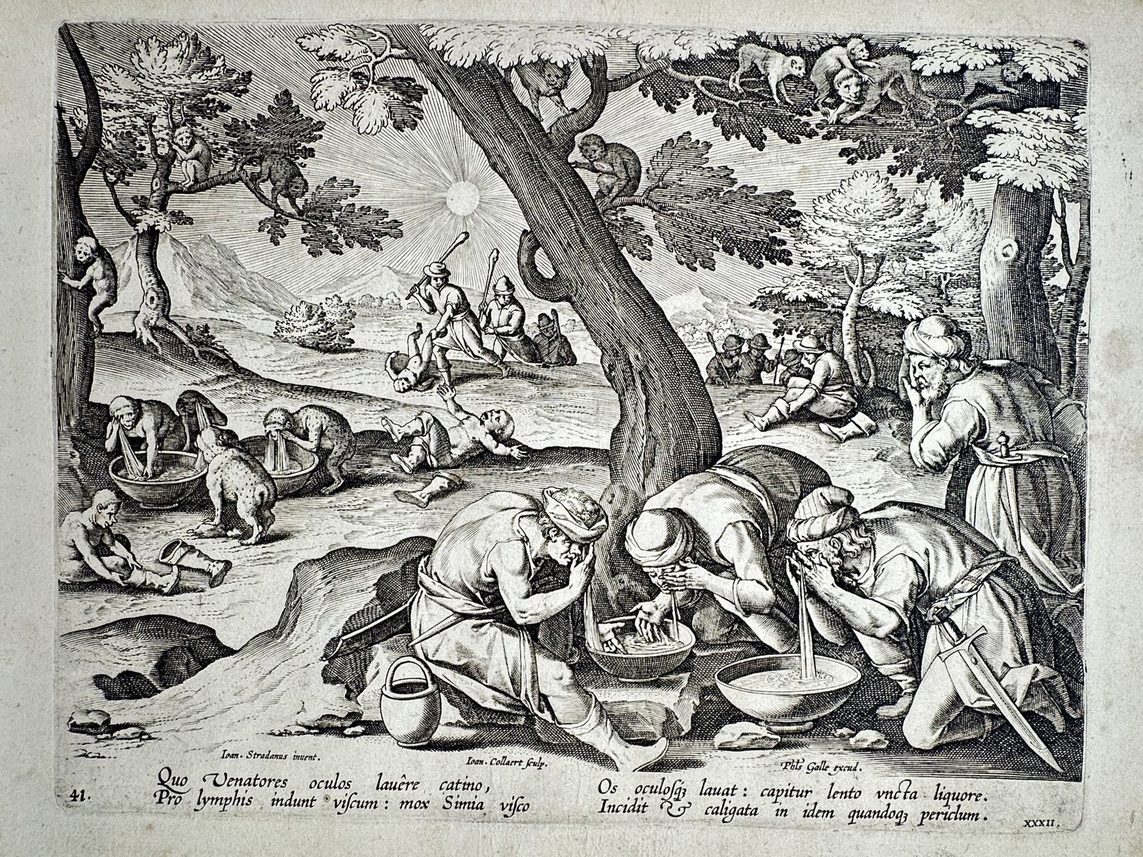 Johannes Stradanus (1523–1605) – The Hunt of Monkeys with Birdlime – Engraving (c. (1 of 3)