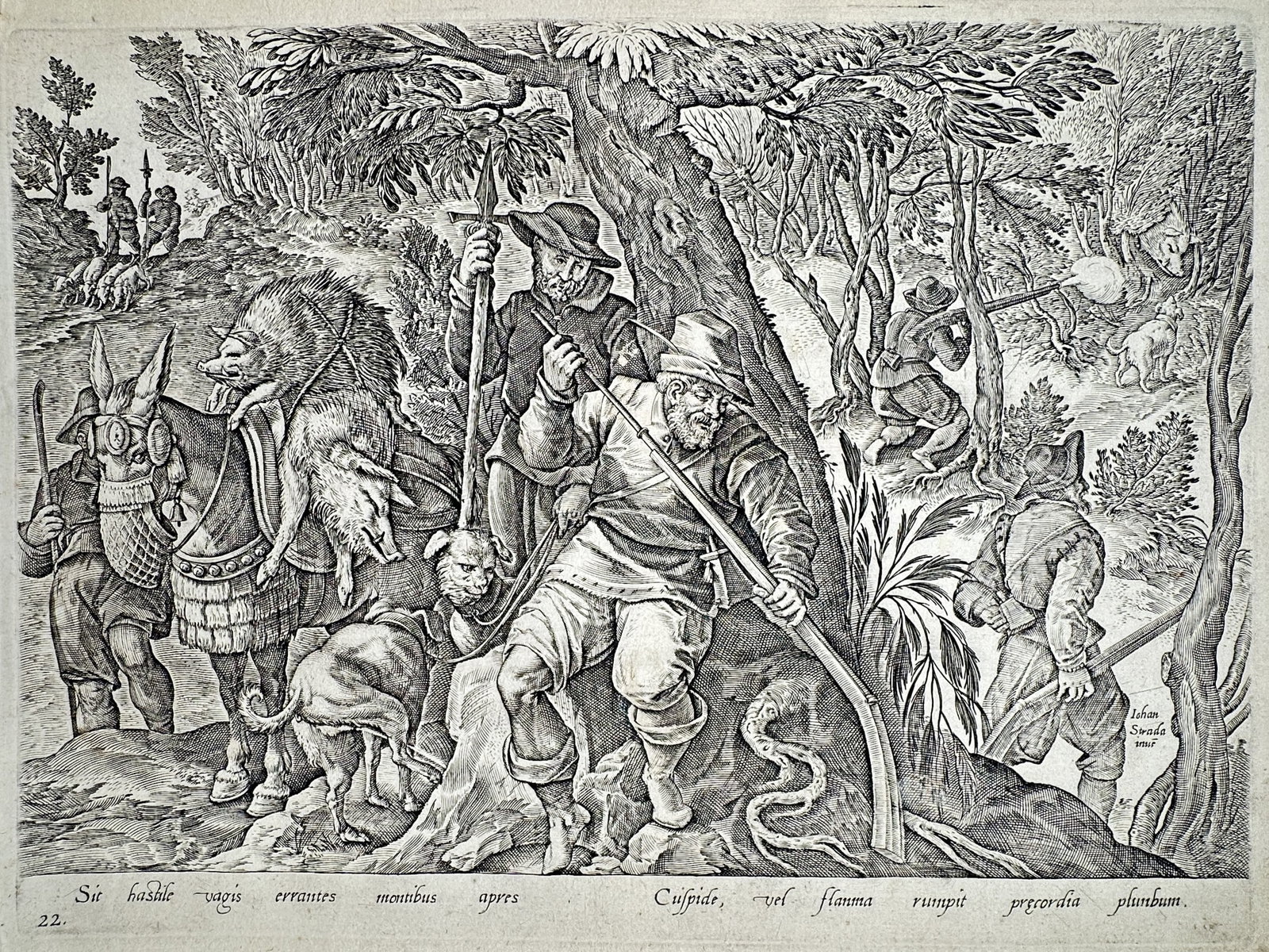 Johannes Stradanus (1523–1605) – The Hunt of the Wild Boar – Engraving (c. 1578–1580) (1 of 2)