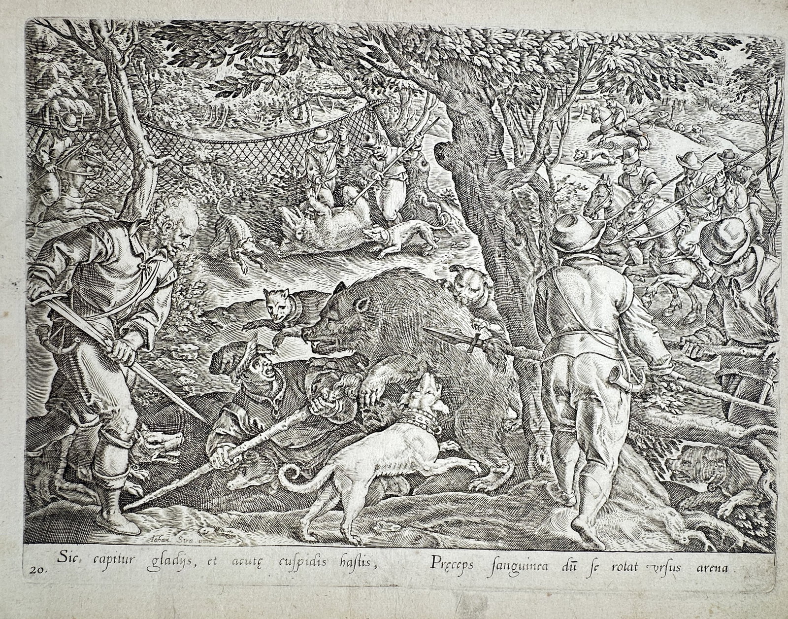 Johannes Stradanus (1523–1605) – The Hunt of the Bear with Spears – Engraving (c. 1578–1580): "Sic capitur gladijs, et acutae cuspidis hastis" presents a chaotic and violent hunt scene where a large bear is surrounded by hunters wielding swords and long spears, while hunting dogs engage the be