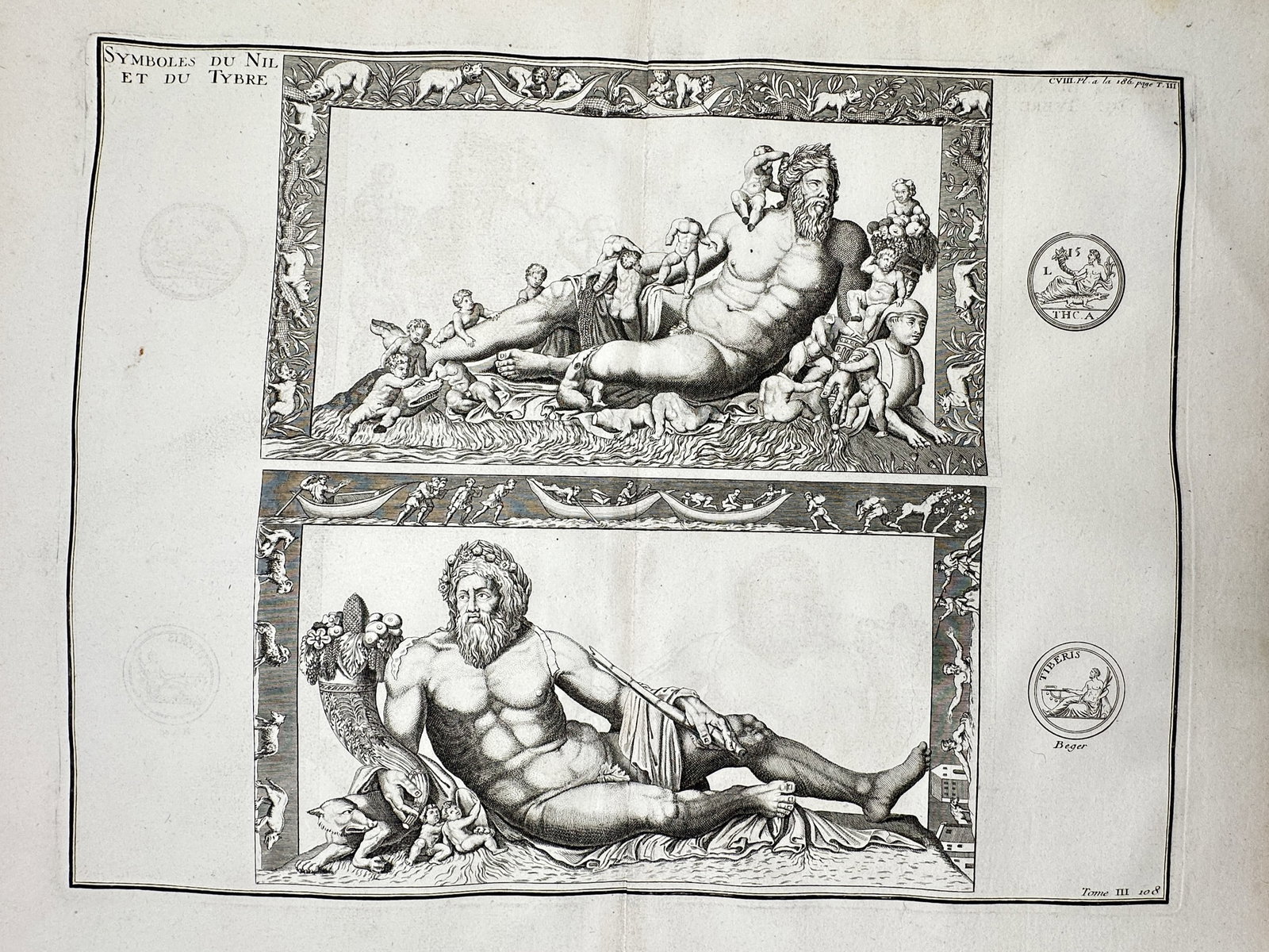 Bernard de Montfaucon (1655–1741) – Symbols of the Nile and the Tiber – Copper engraving: "Symboles du Nil et du Tybre" presents a comparative archaeological study of two classical river deities, depicting the personifications of the Nile and the Tiber in recumbent poses accompanied by the